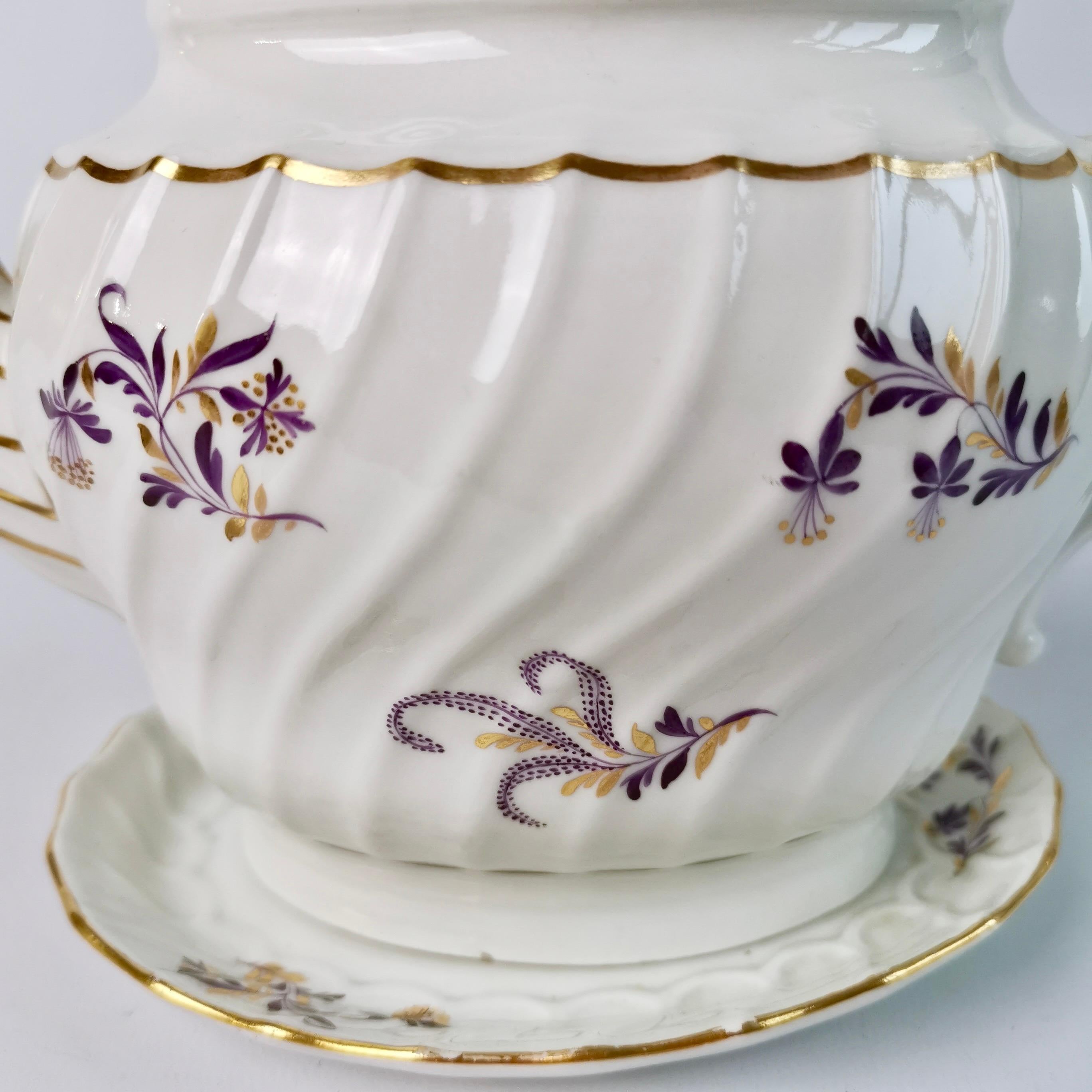 Late 18th Century Flight & Barr Teapot on Stand, White with Purple Flower Sprays, Georgian ca 1792