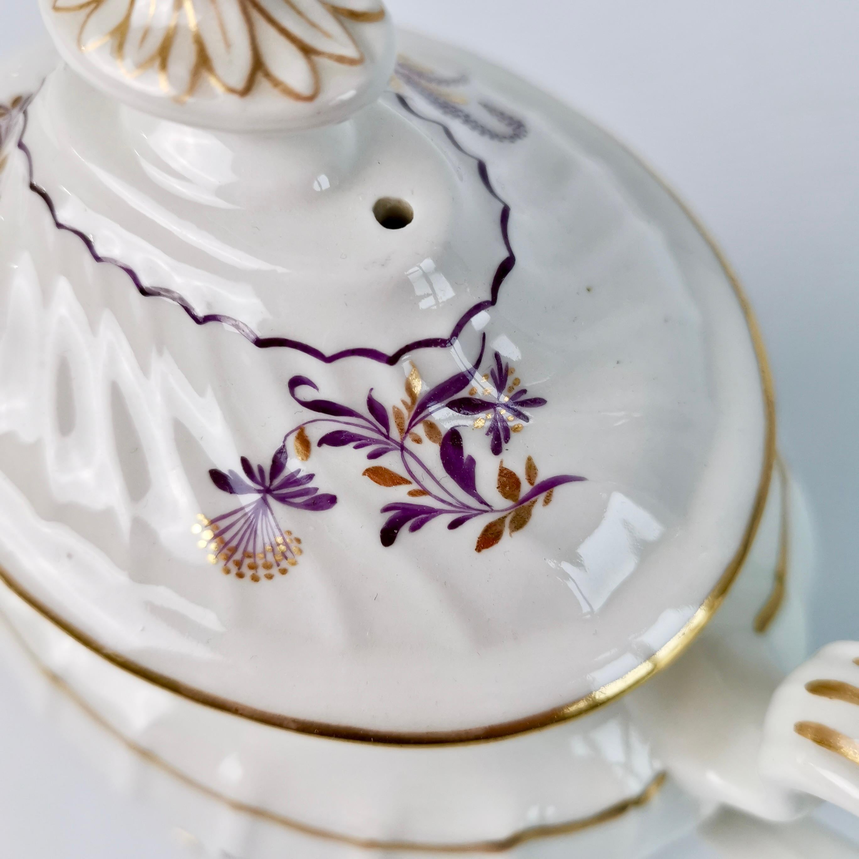 Porcelain Flight & Barr Teapot on Stand, White with Purple Flower Sprays, Georgian ca 1792