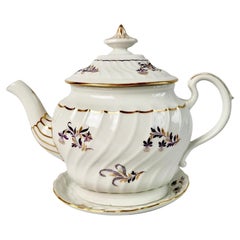 Flight & Barr Teapot on Stand, White with Purple Flower Sprays, Georgian ca 1792