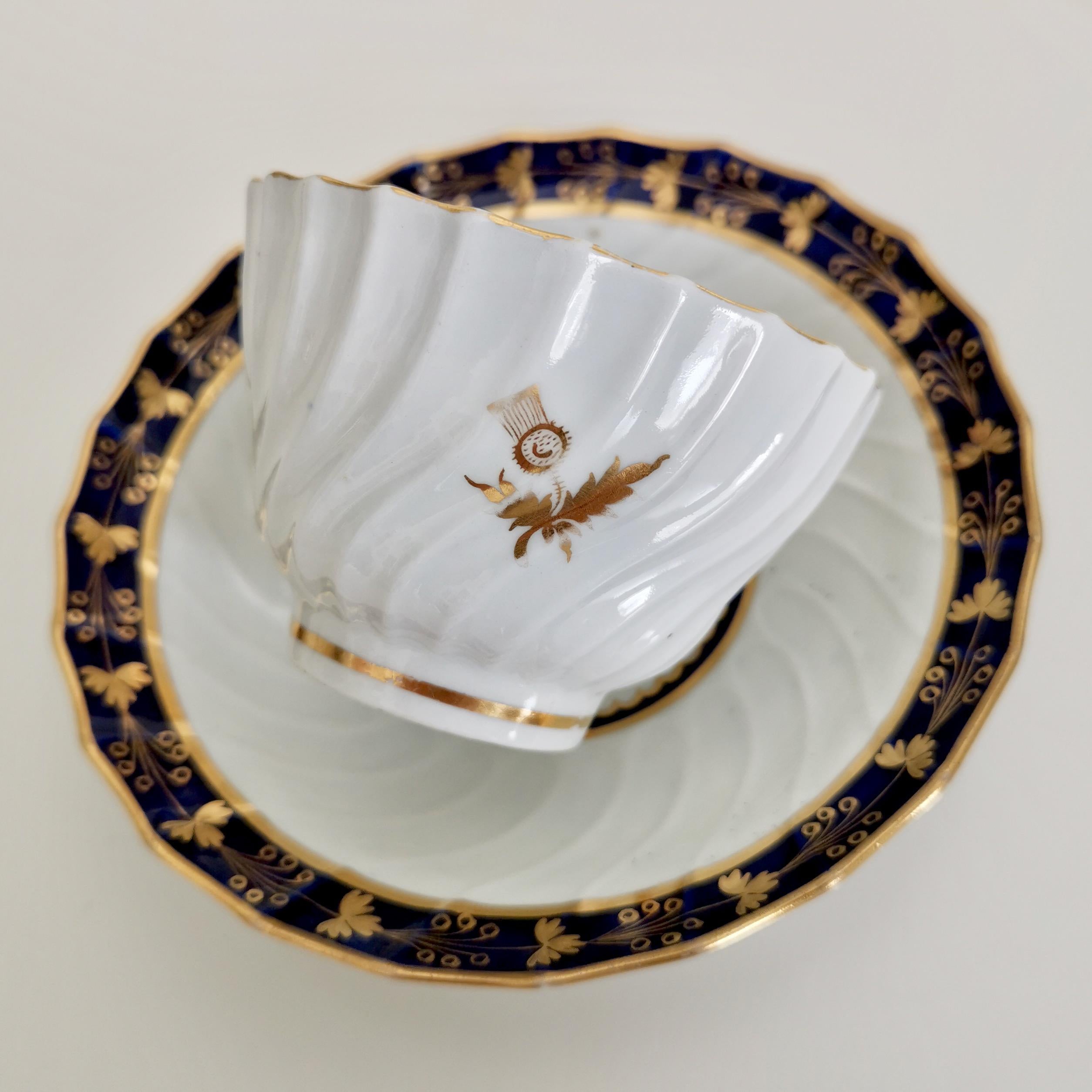 Porcelain Flight & Barr Worcester Teacup Trio, Cobalt Blue Gilt Thistle Pattern, ca 1792