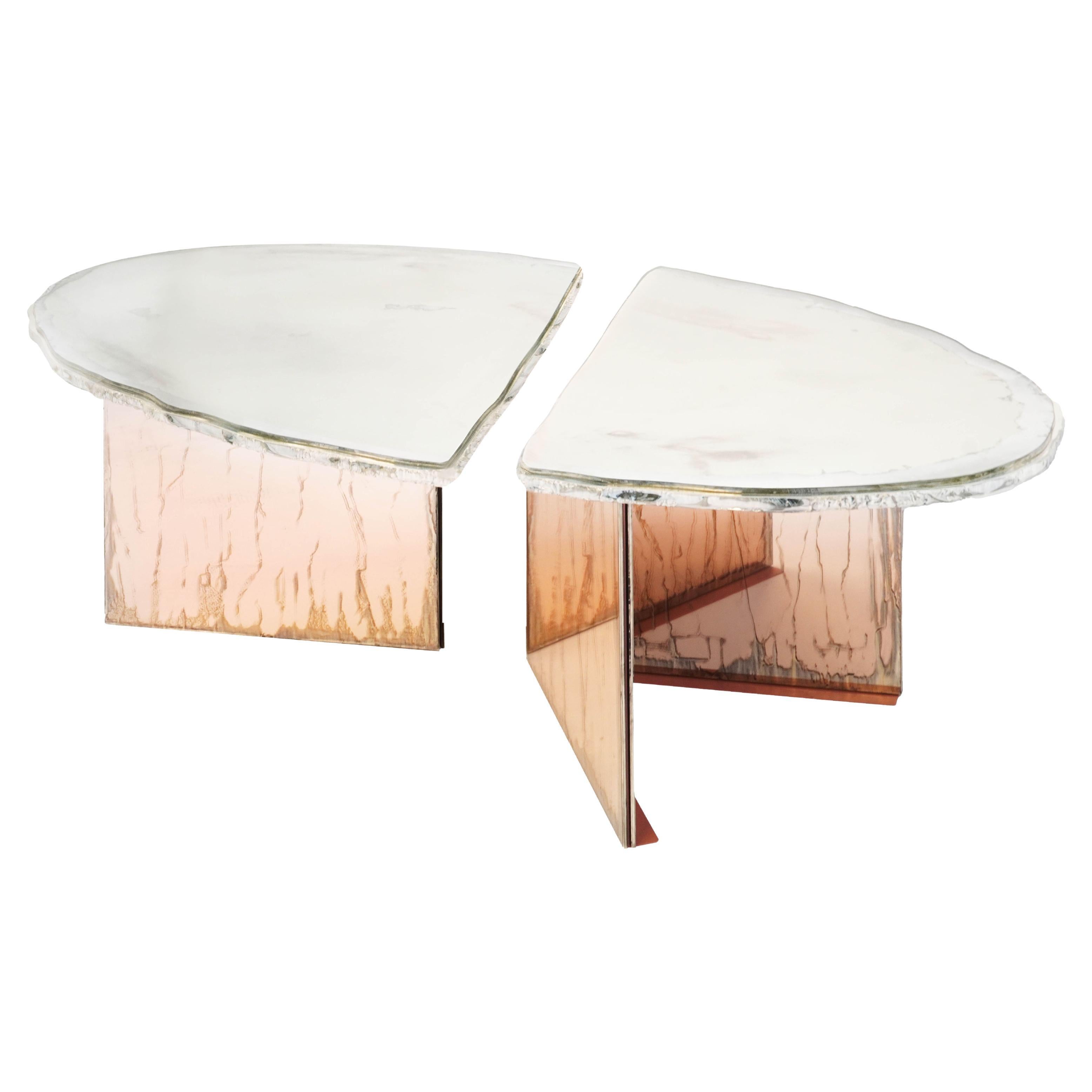 Flight contemporary DEMI LUNE cocktail-side Table, art Silvered Glass   For Sale