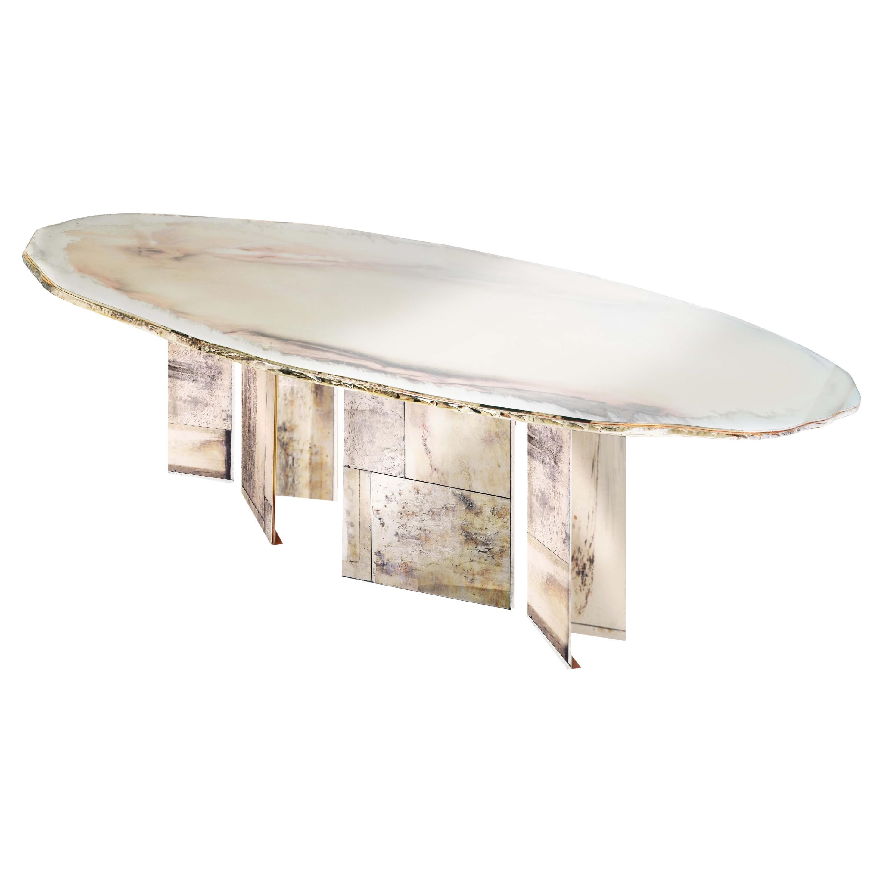 "Vuelo" Mesa de Comedor Contemporánea 200 Doble Cristal Plateado, Patas de Cristal Bronceado