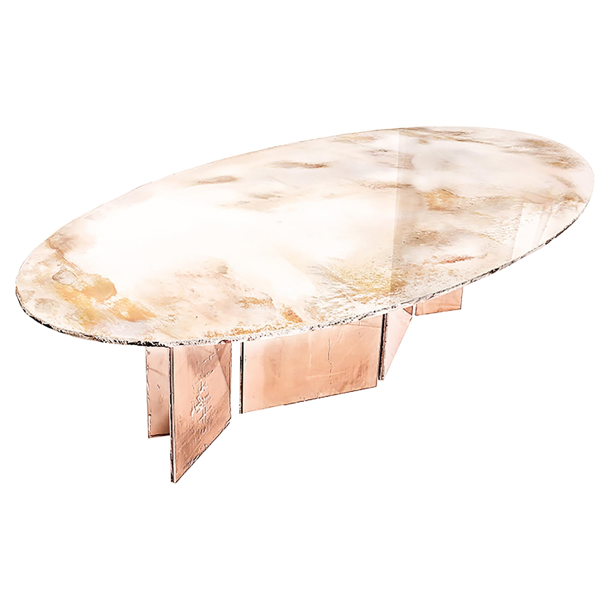 "Vuelo" Mesa de Comedor Contemporánea 280 Doble Tapa de Cristal Plateado, Patas de Rosa
