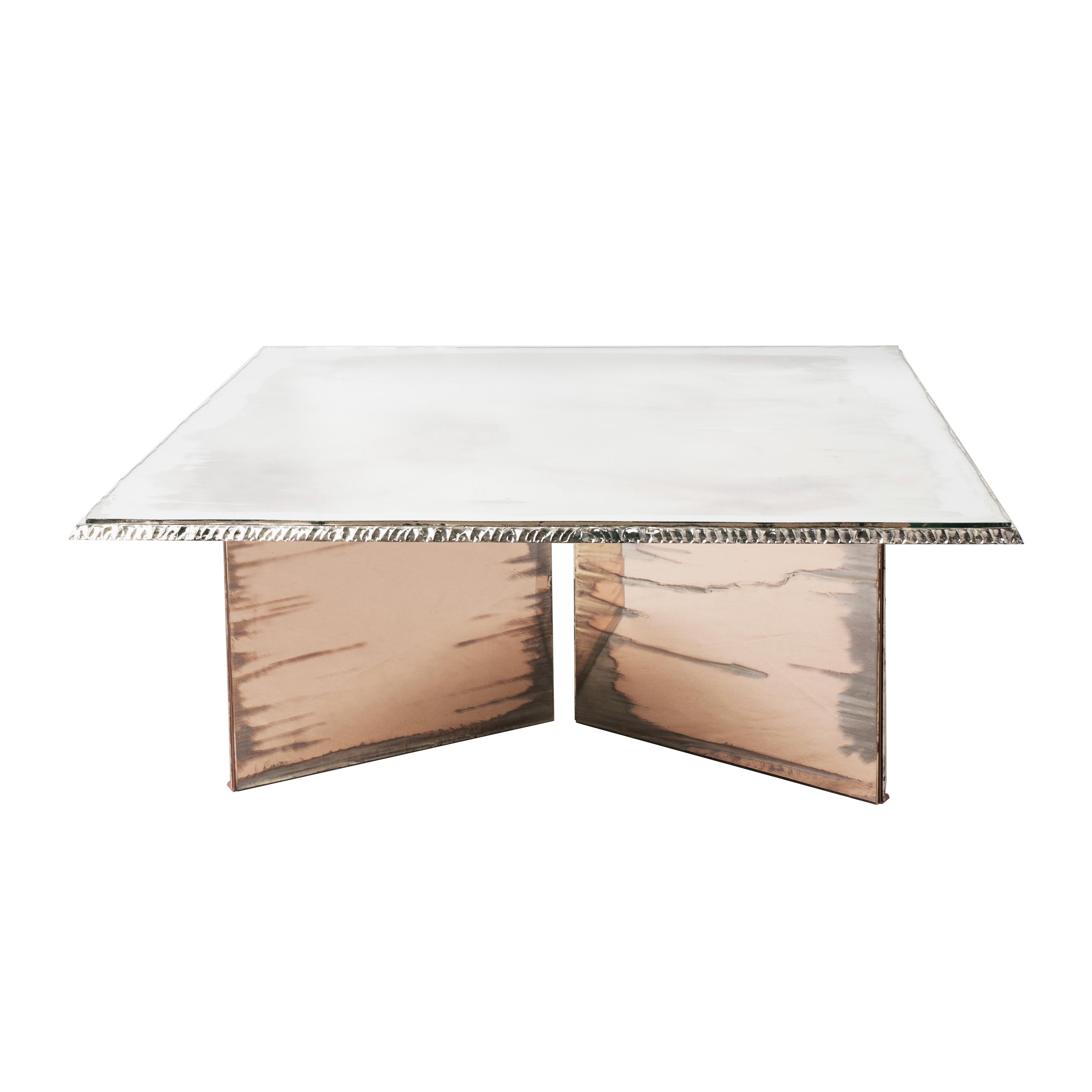 This table is a contemporary piece, made entirely by hand in Tuscany Italy, 100% of Italian origin. 
The special silver plating treatment, performed over the years by Sabrina, gives uniqueness to the entire object, always different and unique, it