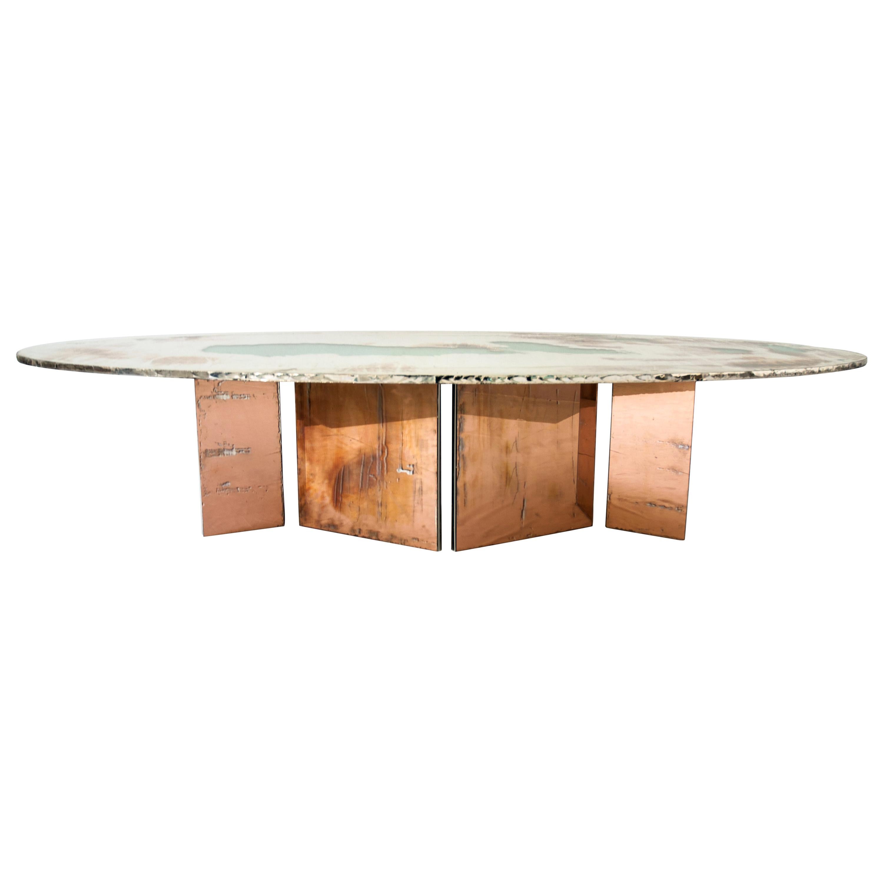 This table is a contemporary piece, made entirely by hand in Tuscany Italy, 100% of Italian origin. 
The special silver plating treatment, performed over the years by Sabrina, gives uniqueness to the entire object, always different and unique, this