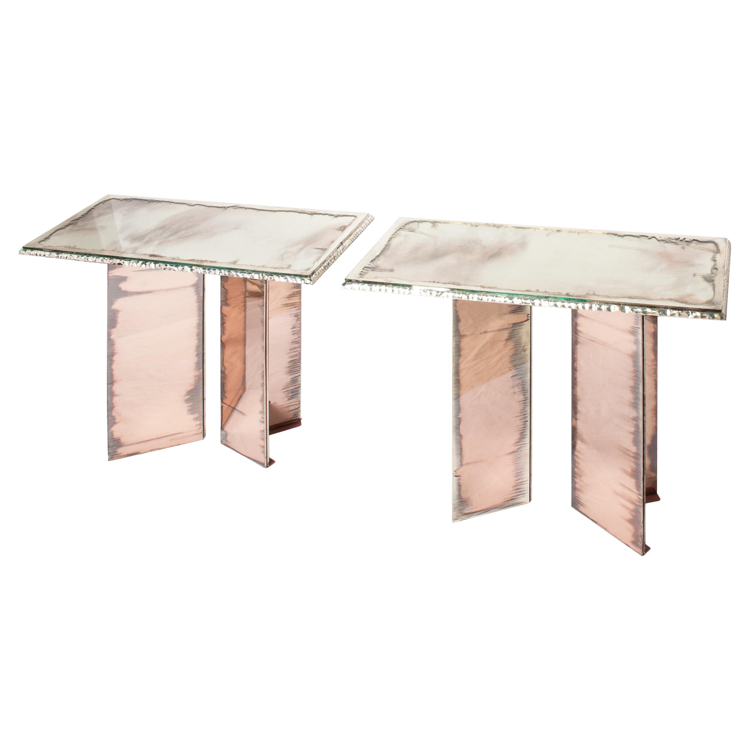 "Flight" Contemporary Console, Double Silvered Glass Top Rose Glass Legs