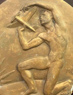 "Vuelo", Importante Pareja de Maquetas Escultóricas Art Decó con Desnudo y Avión