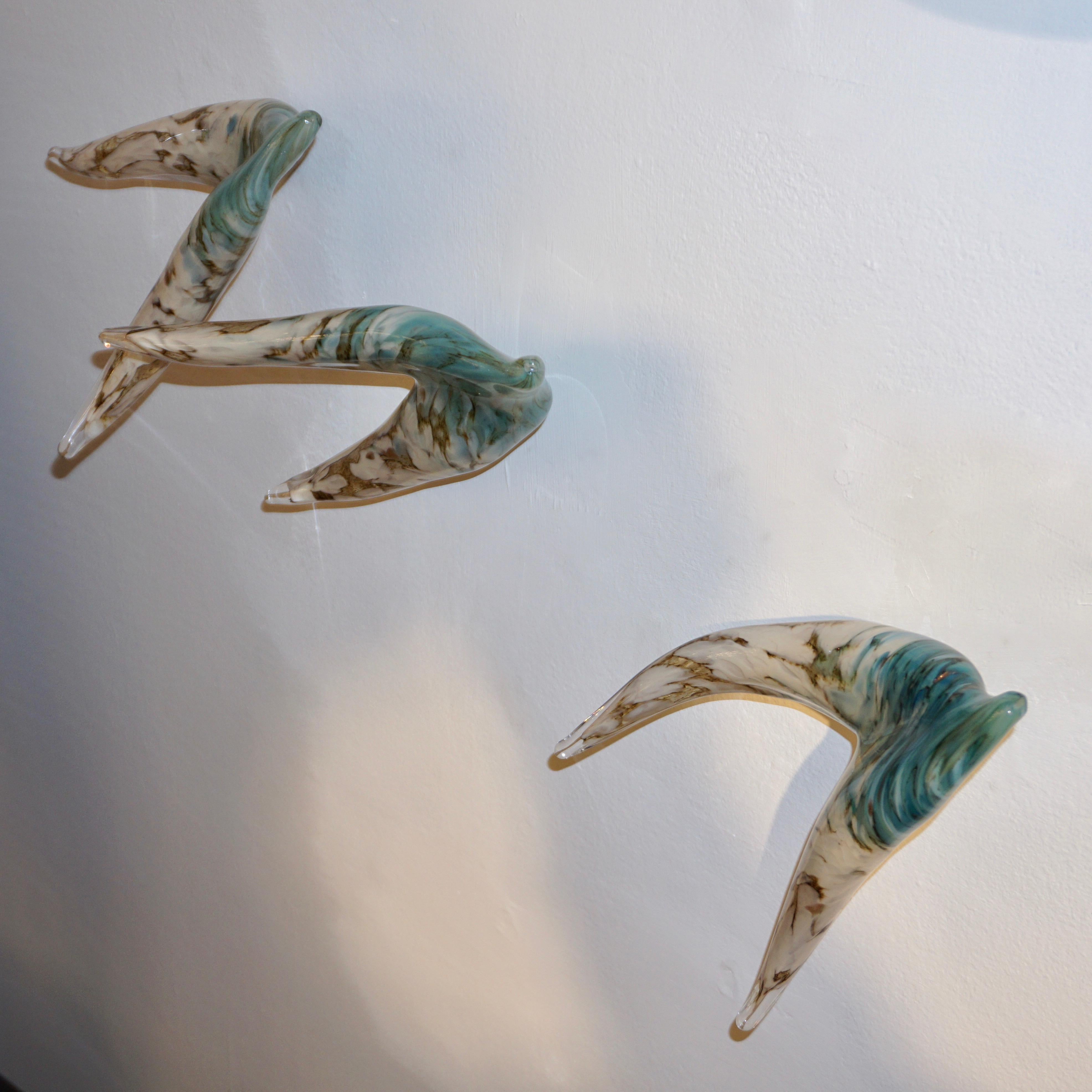 Flight of Aquamarine Birds Contemporary Blown Glass Modern Art Wall Sculpture For Sale 6