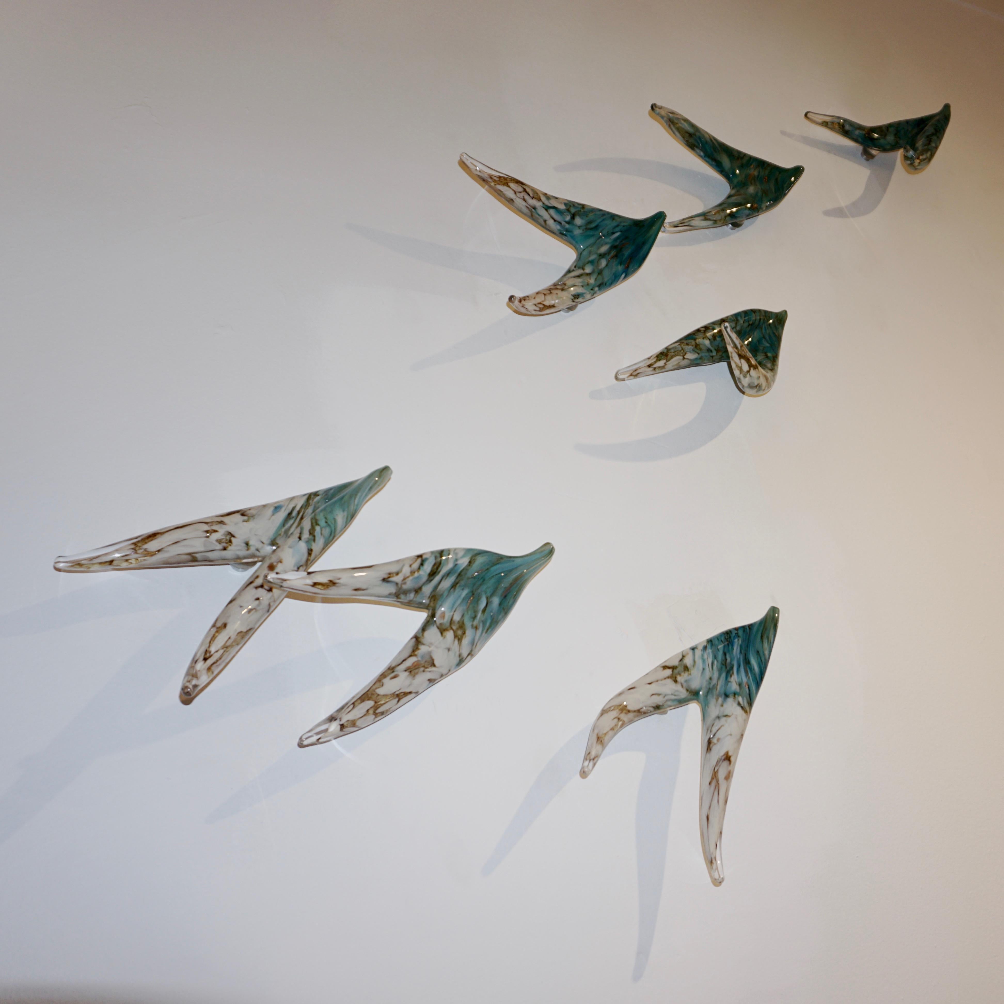 Flight of Aquamarine Birds Contemporary Blown Glass Modern Art Wall Sculpture For Sale 7