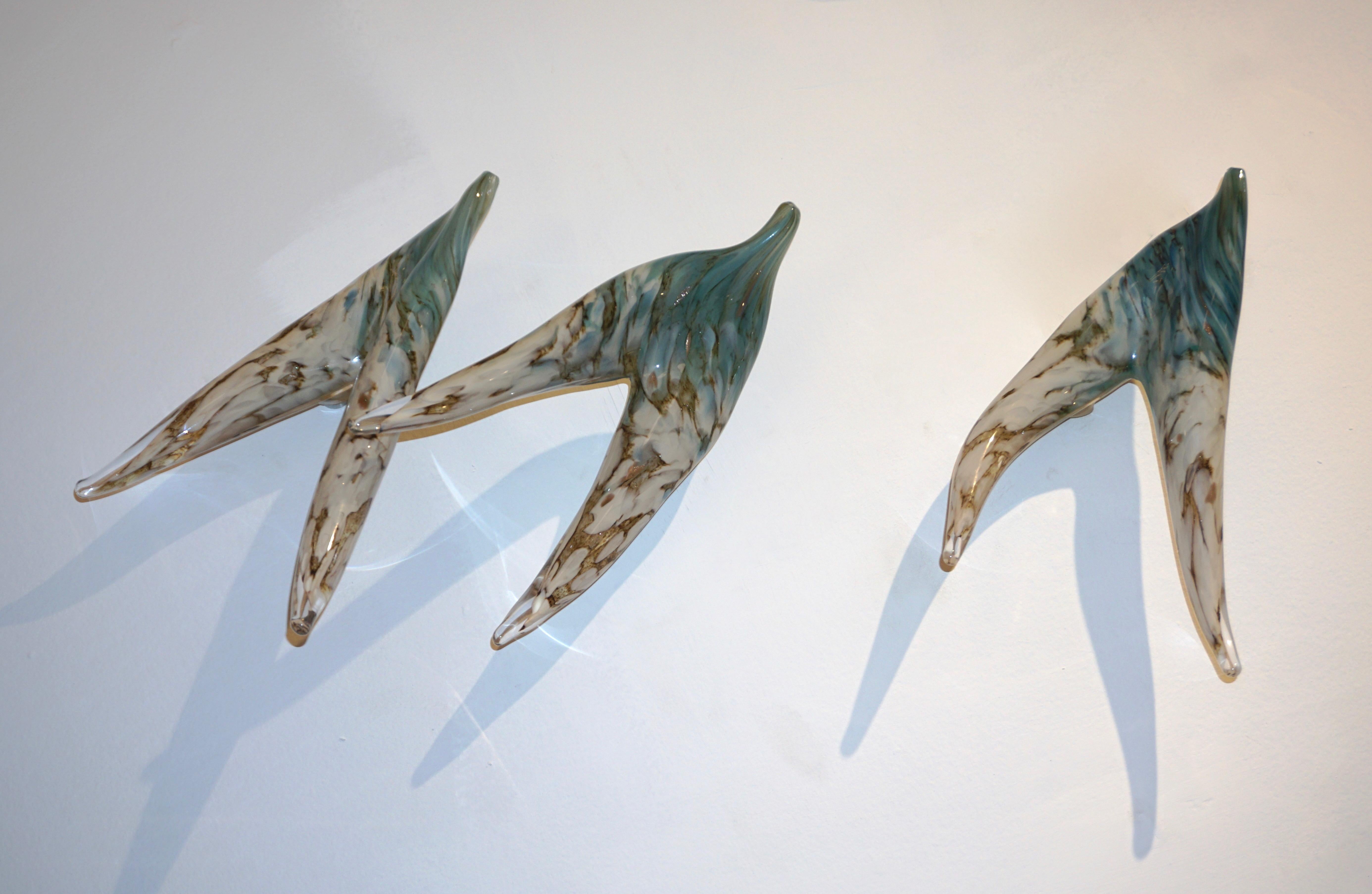 Flight of Aquamarine Birds Contemporary Blown Glass Modern Art Wall Sculpture For Sale 8