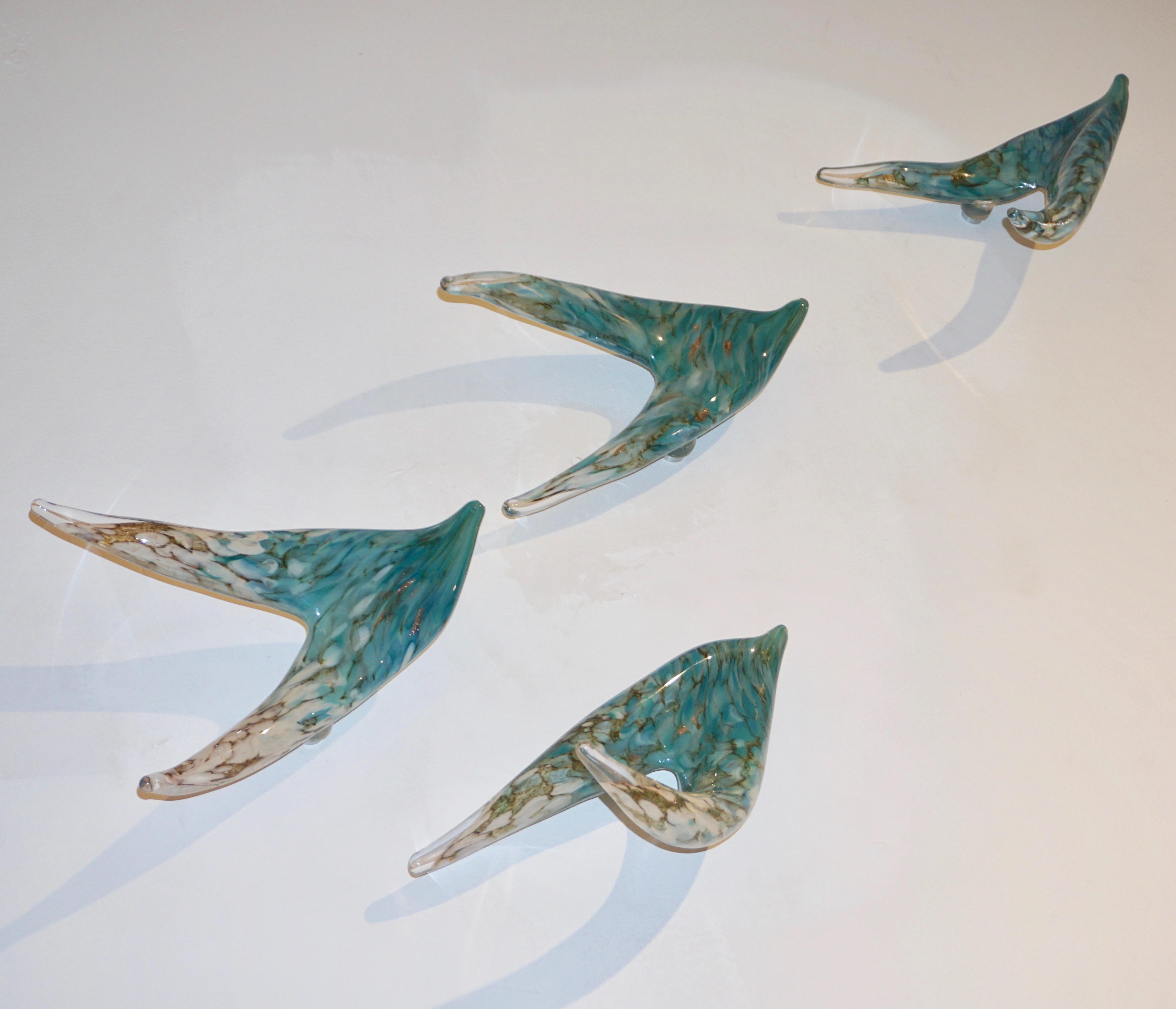 Flight of Aquamarine Birds Contemporary Blown Glass Modern Art Wall Sculpture For Sale 9