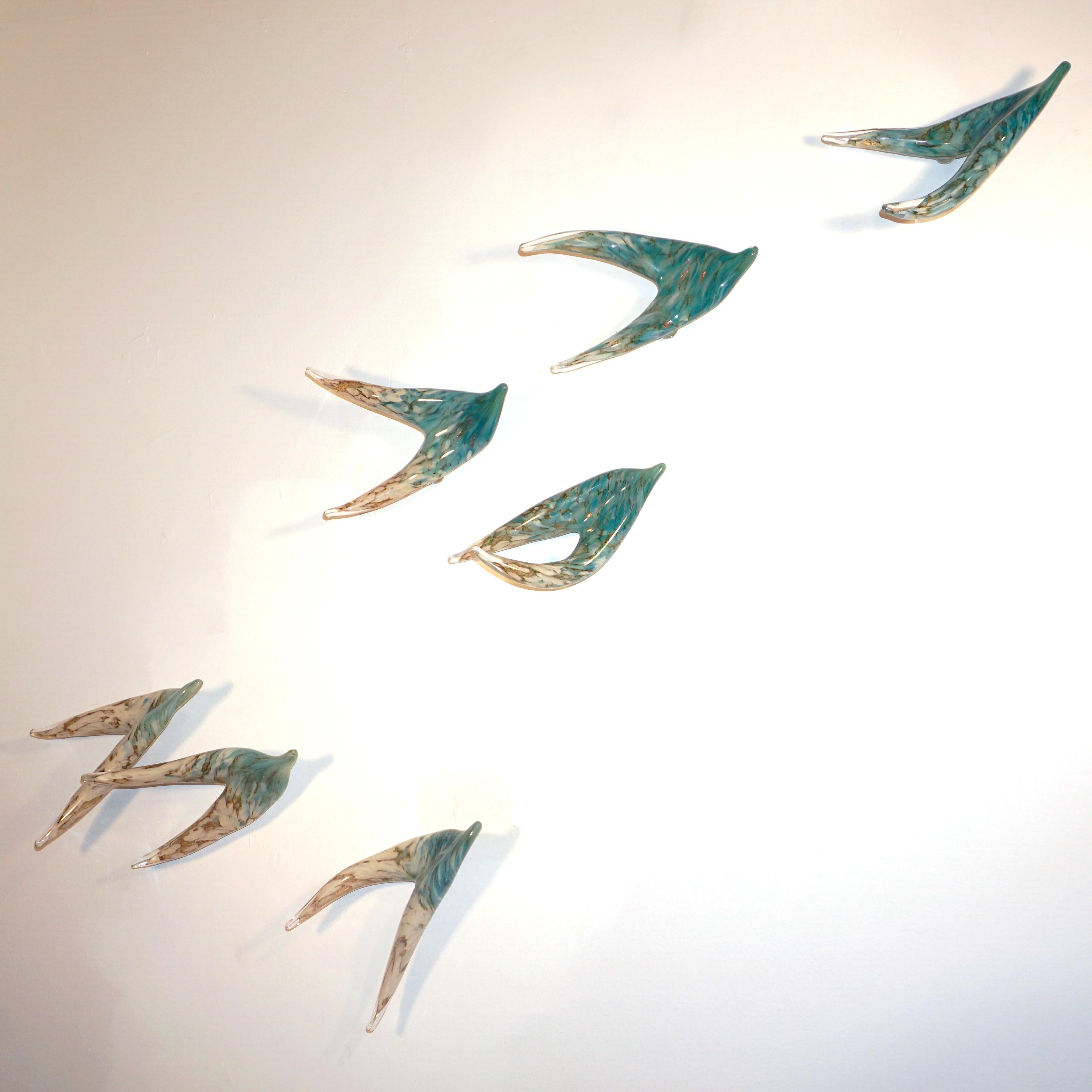 Flight of Aquamarine Birds Contemporary Blown Glass Modern Art Wall Sculpture For Sale 10