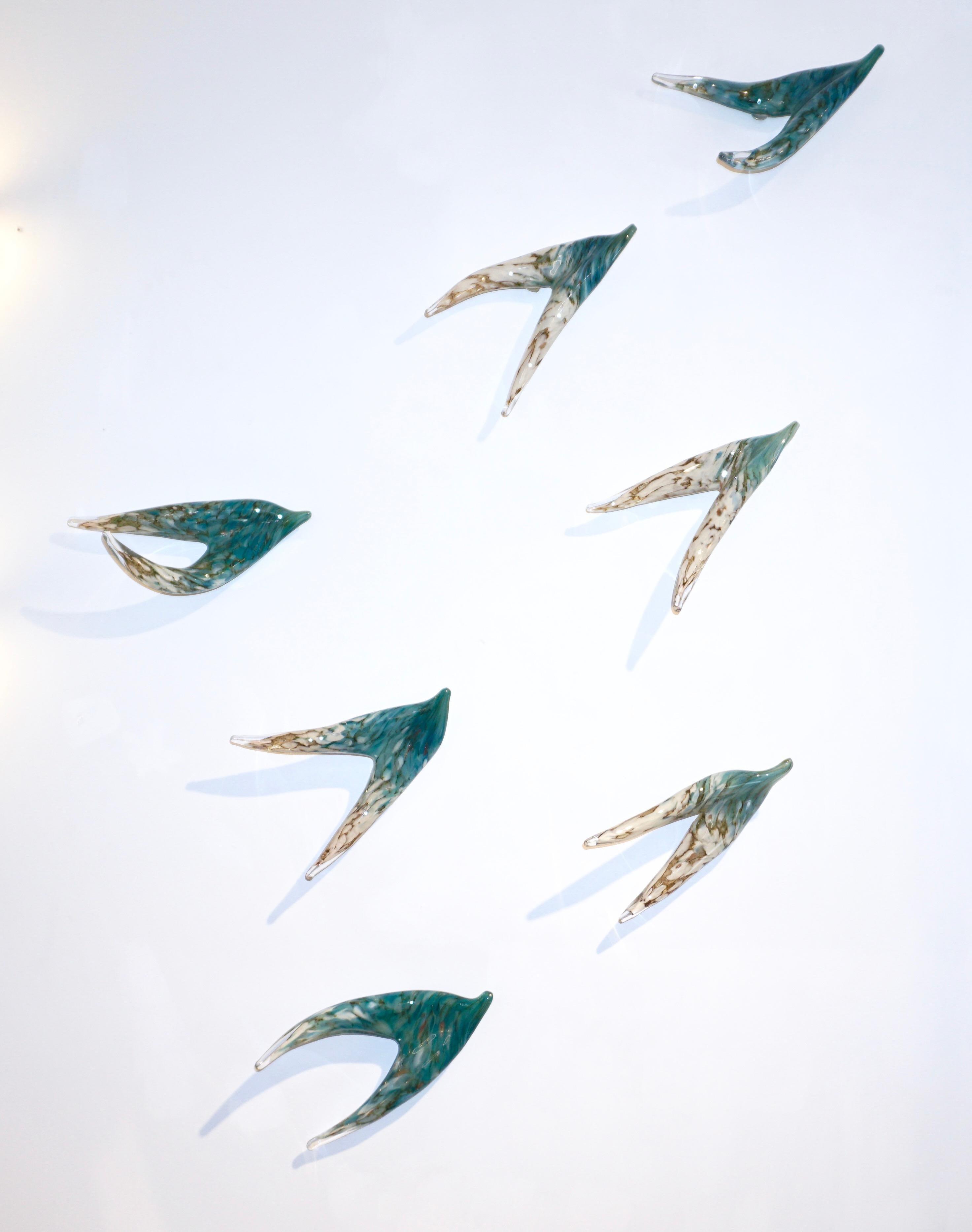 Flight of Aquamarine Birds Contemporary Blown Glass Modern Art Wall Sculpture In New Condition For Sale In New York, NY