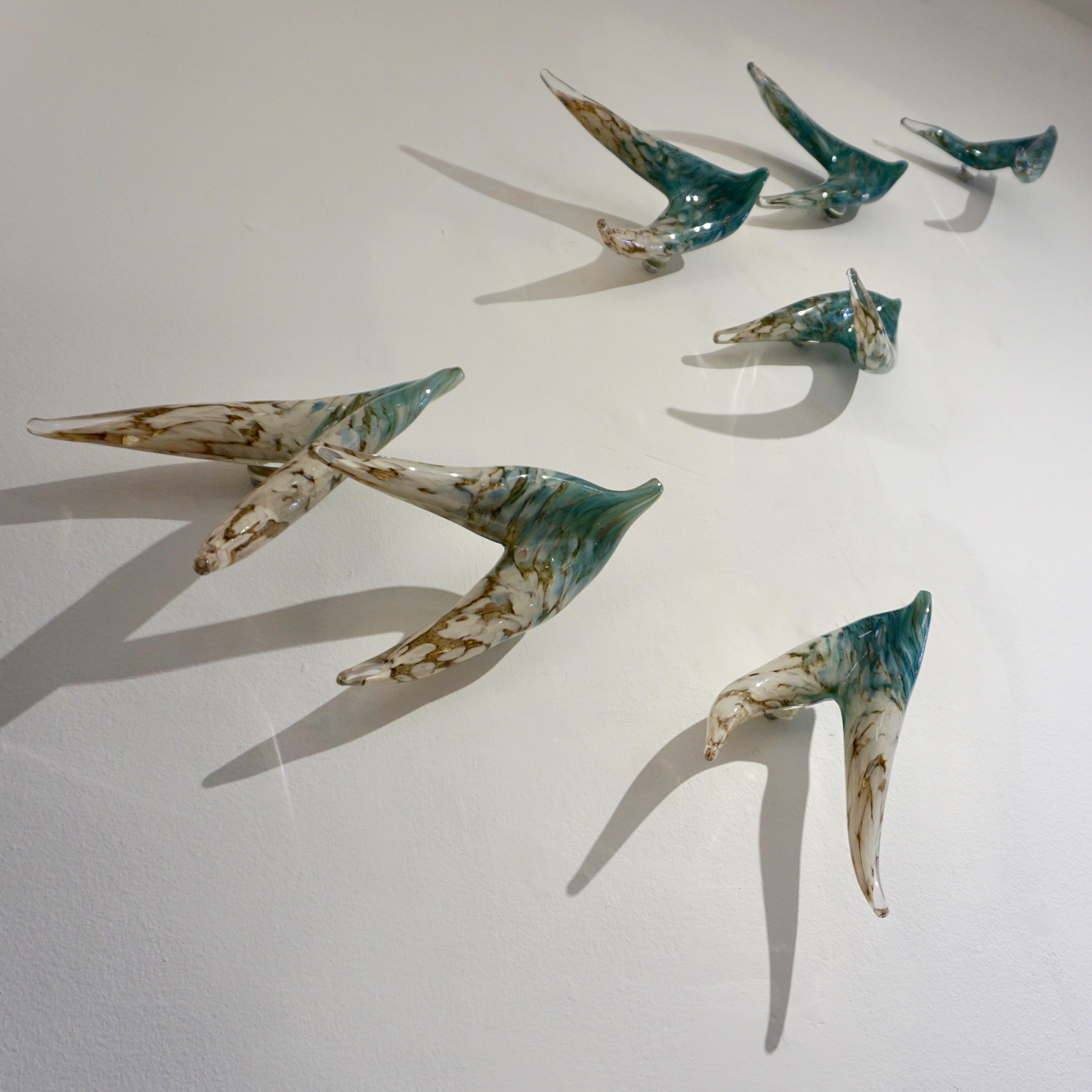Organic Modern Flight of Aquamarine Birds Contemporary Blown Glass Modern Art Wall Sculpture For Sale