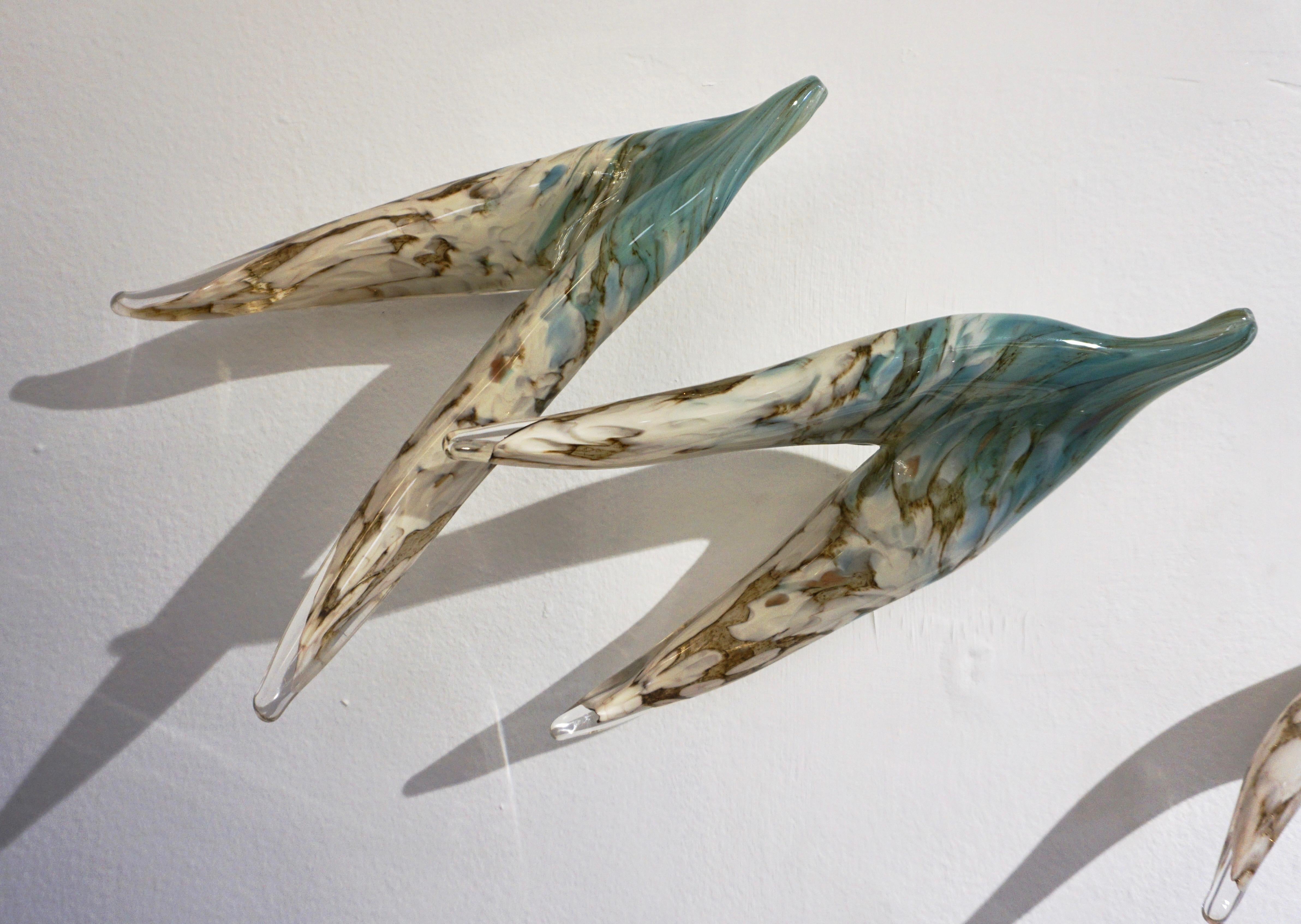 American Flight of Aquamarine Birds Contemporary Blown Glass Modern Art Wall Sculpture For Sale