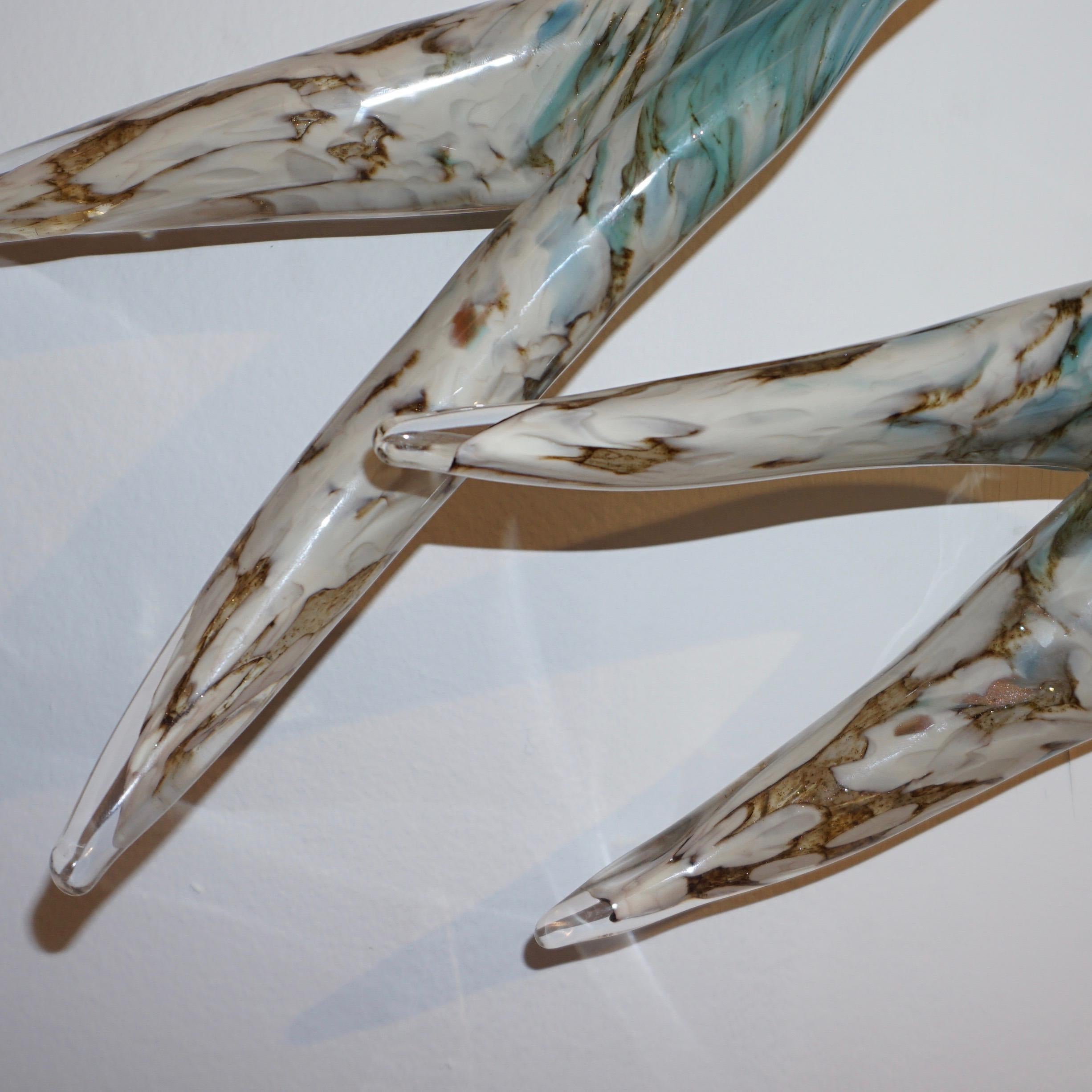 Metal Flight of Aquamarine Birds Contemporary Blown Glass Modern Art Wall Sculpture For Sale
