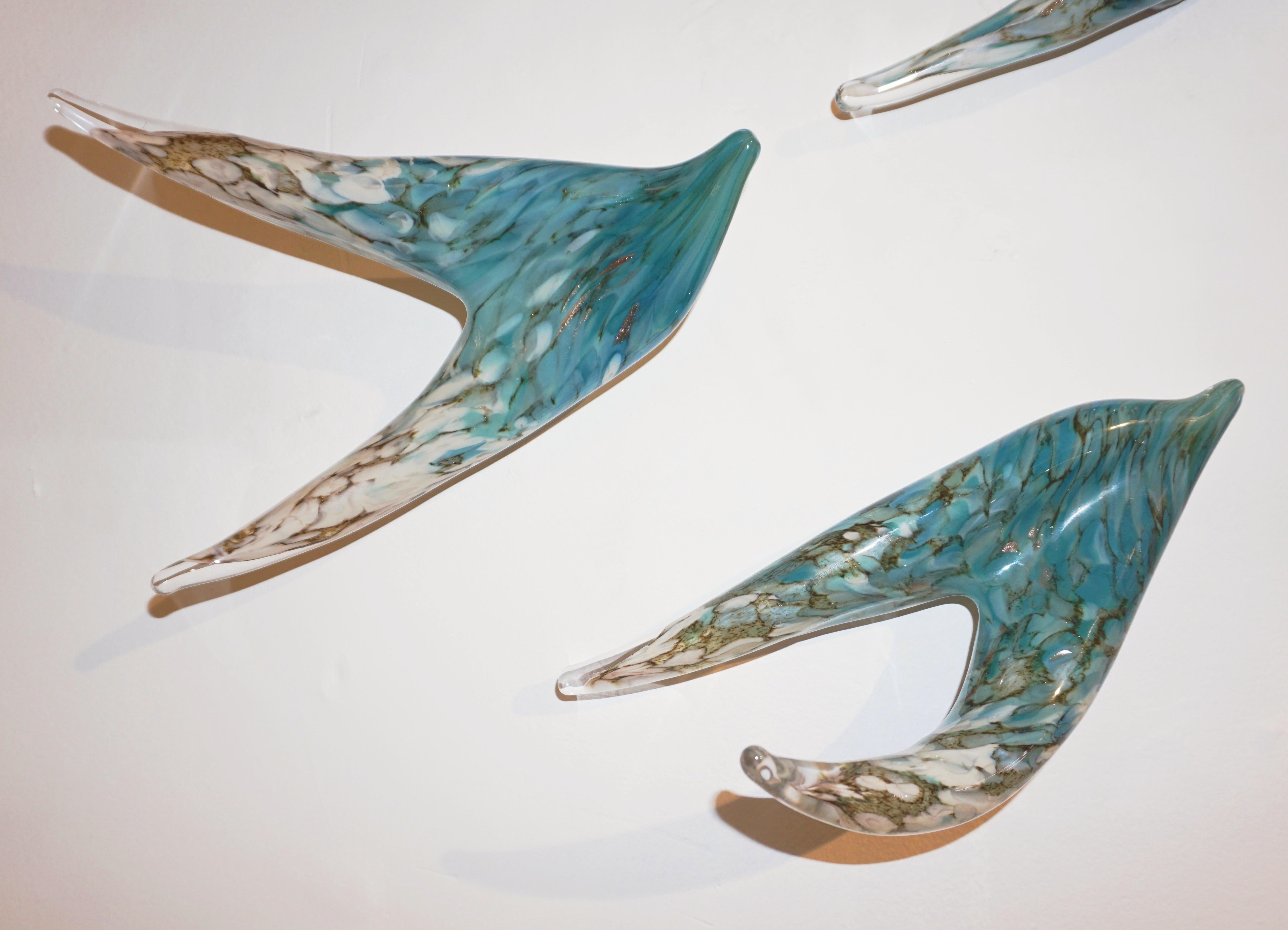 Flight of Aquamarine Birds Contemporary Blown Glass Modern Art Wall Sculpture For Sale 1