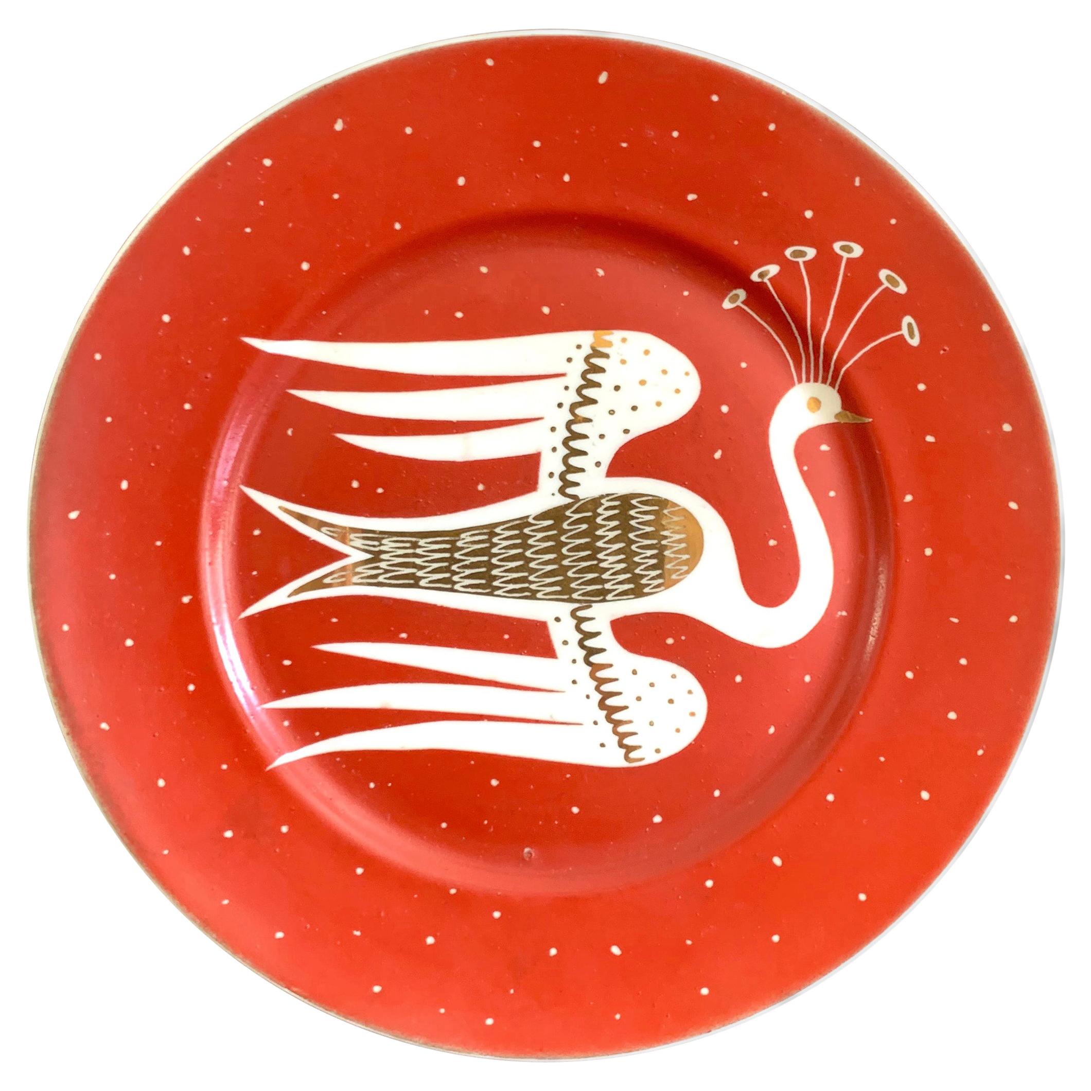 "Flight of the Crested Bird, " Art Deco Plate by Gregory w/ Brilliant Red Glaze