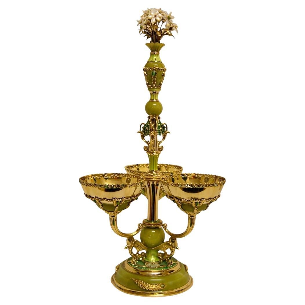 Flight of the Swan Gilded Silver Centerpiece with Lemon Jade, Emeralds For Sale