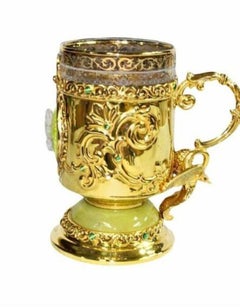 “Flight of the Swan” Silver Vermeil Cup Holder and Spoon Set with gemstones