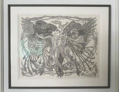 Flight to Eternity Drawing, Black Ink on Paper, Art Deco, Framed, 2000s