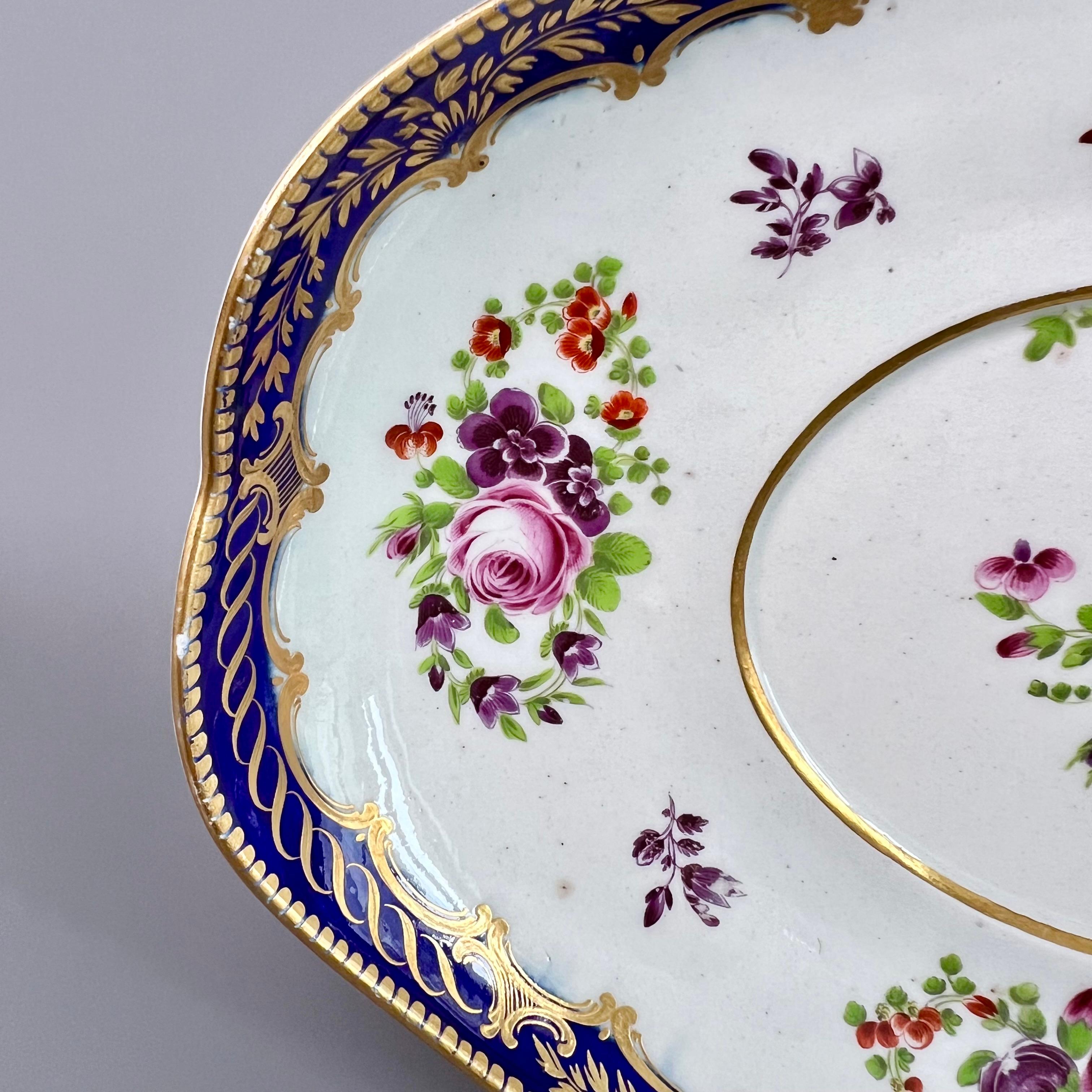 George III Flight Worcester Dish or Stand, Mazarine Blue, Gilt and Floral Sprays, ca 1785 For Sale