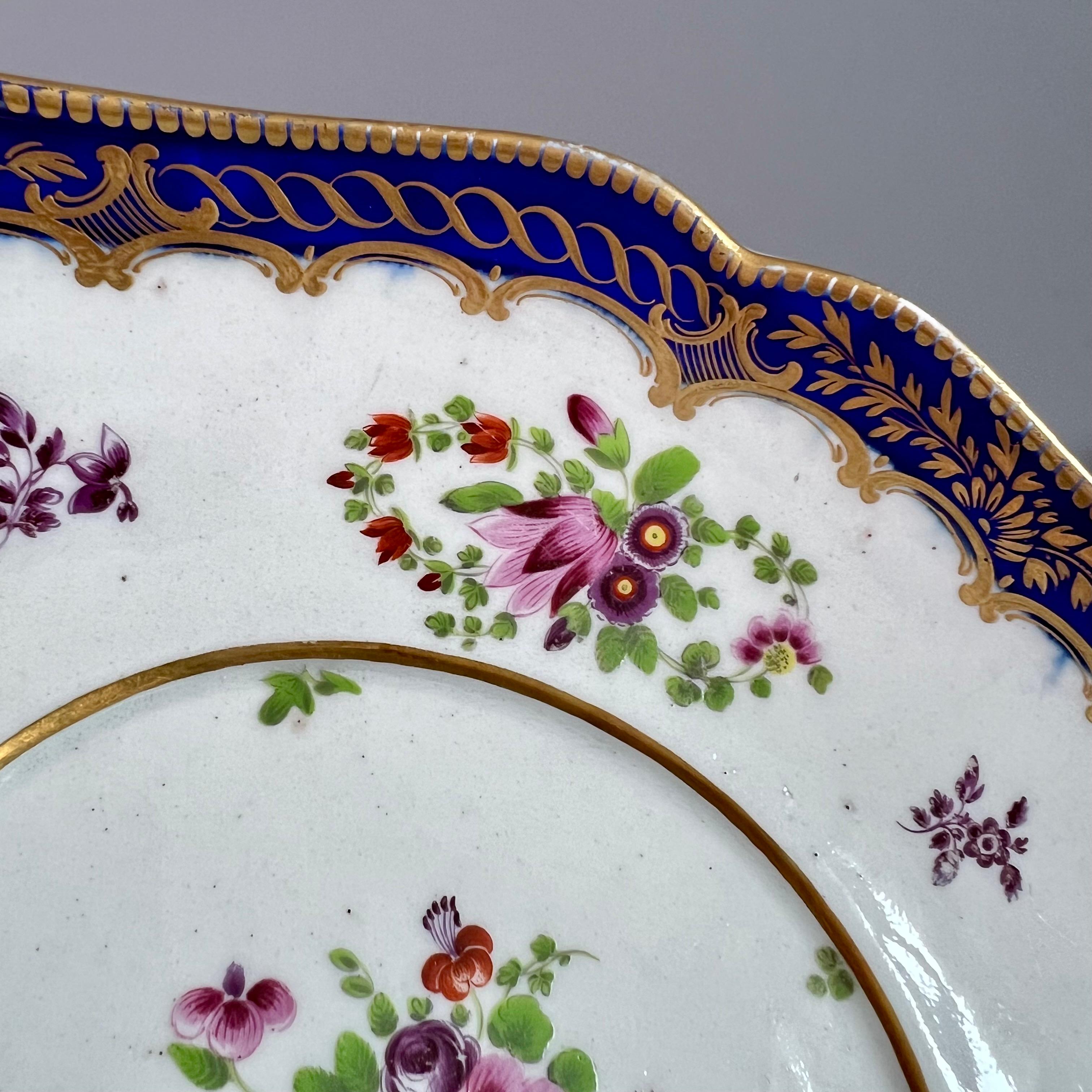 Late 18th Century Flight Worcester Dish or Stand, Mazarine Blue, Gilt and Floral Sprays, ca 1785 For Sale