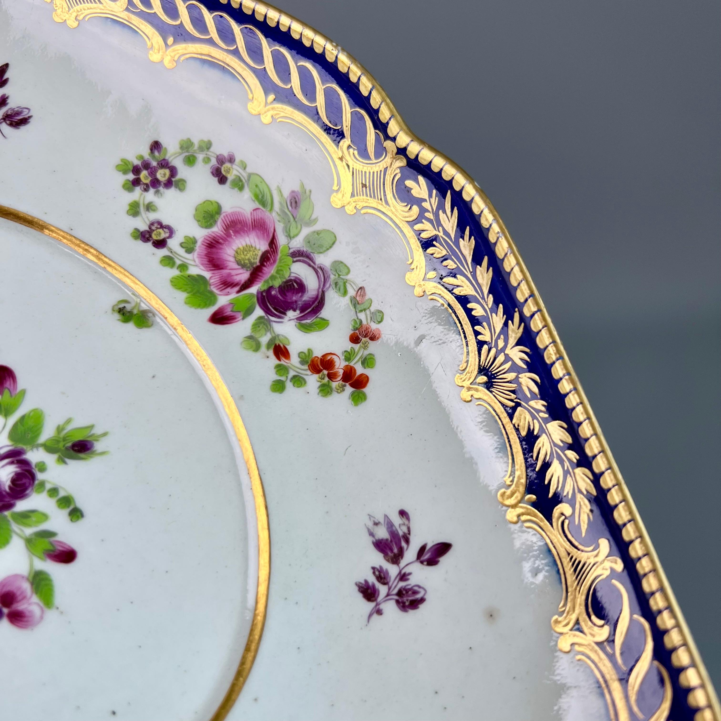 Porcelain Flight Worcester Dish or Stand, Mazarine Blue, Gilt and Floral Sprays, ca 1785 For Sale