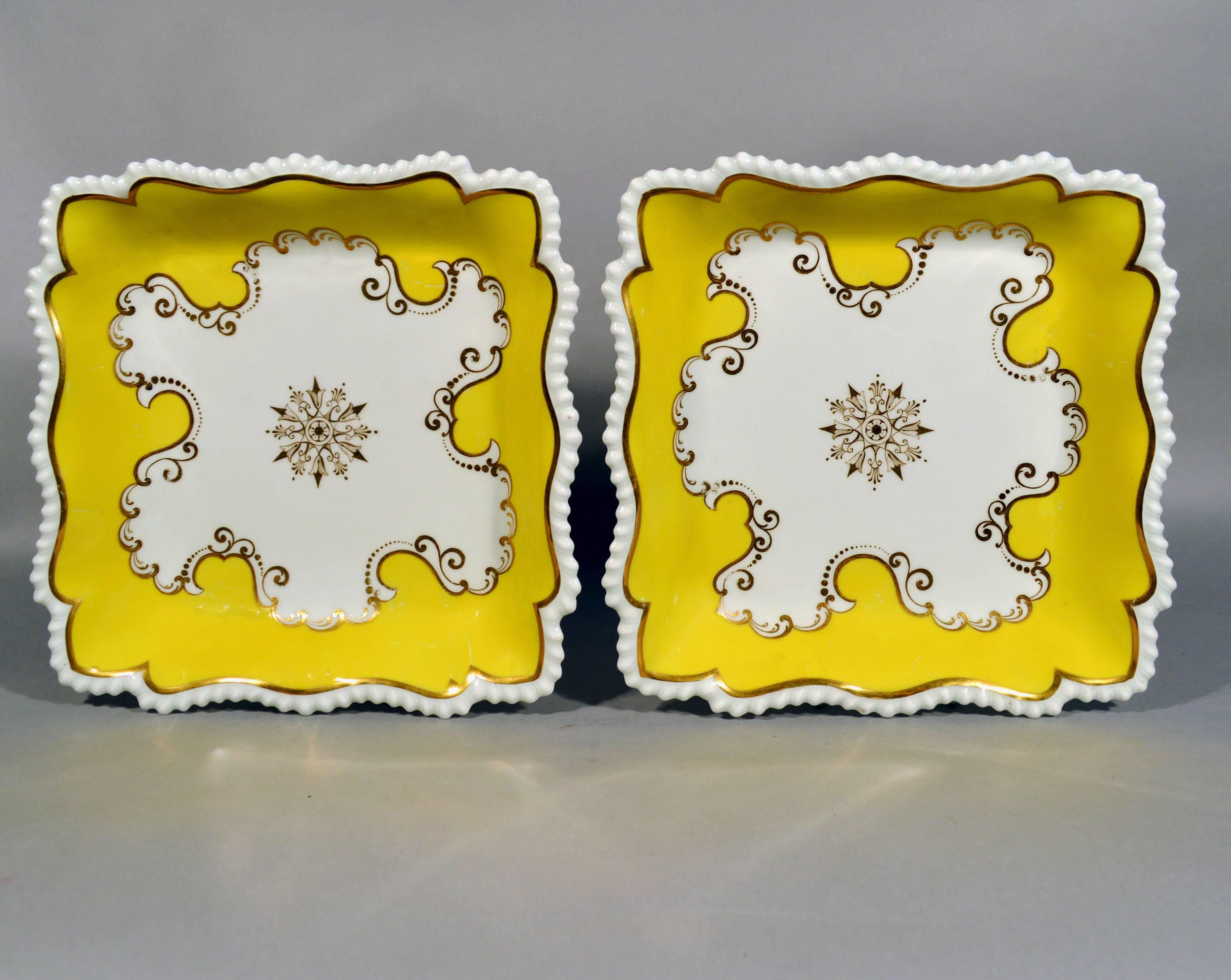 Regency Flight, Barr & Barr Worcester Yellow Ground Square Porcelain Dishes, circa 1820