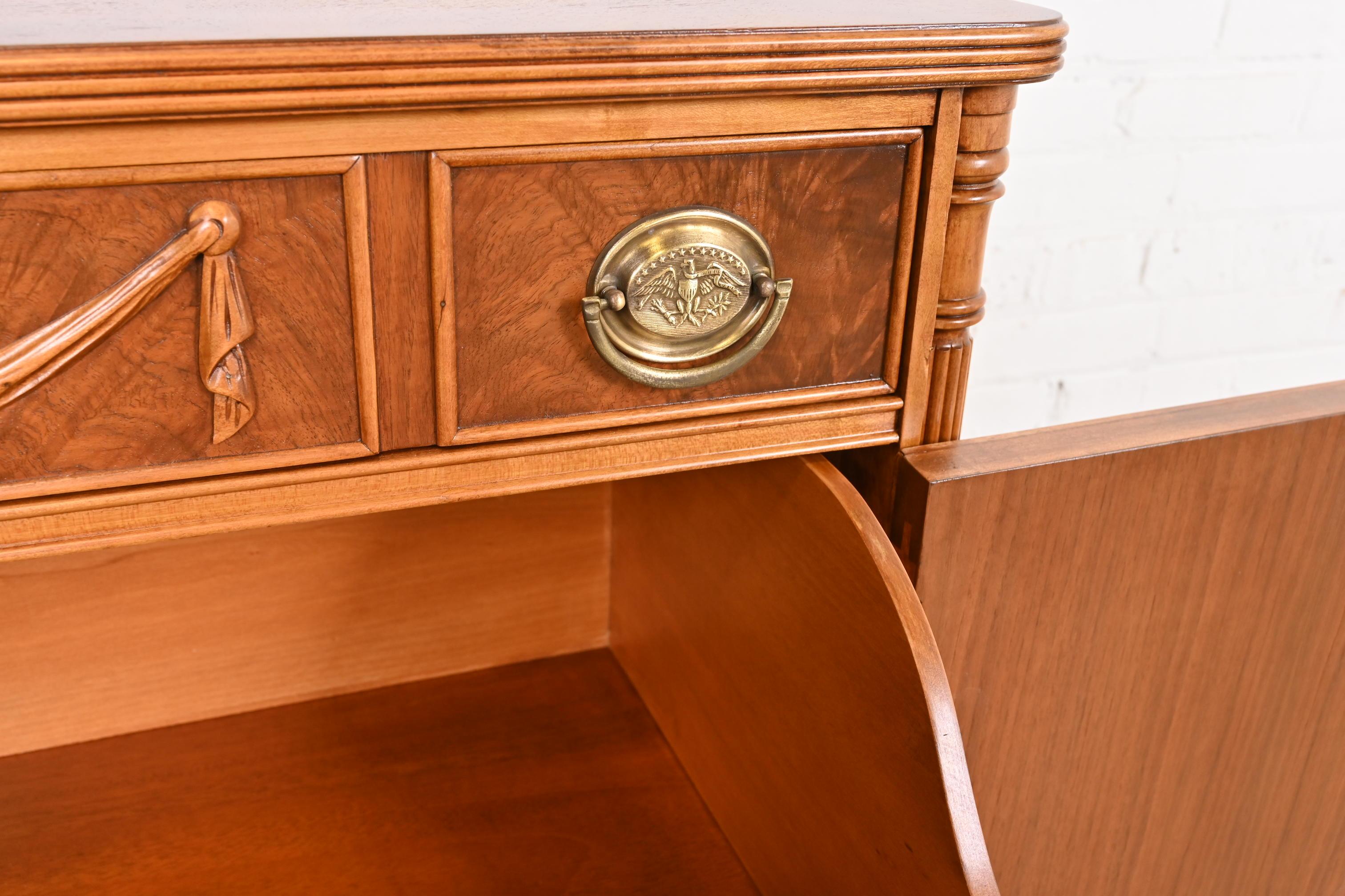 Brass Flint & Horner Antique French Regency Louis XVI Burled Walnut Buffet Server For Sale