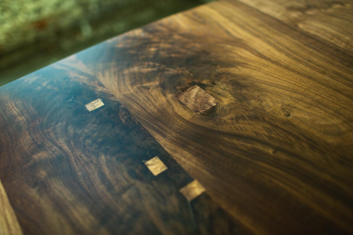 Flint Modern Extension Table in Walnut with Brass Joinery Details For Sale 2