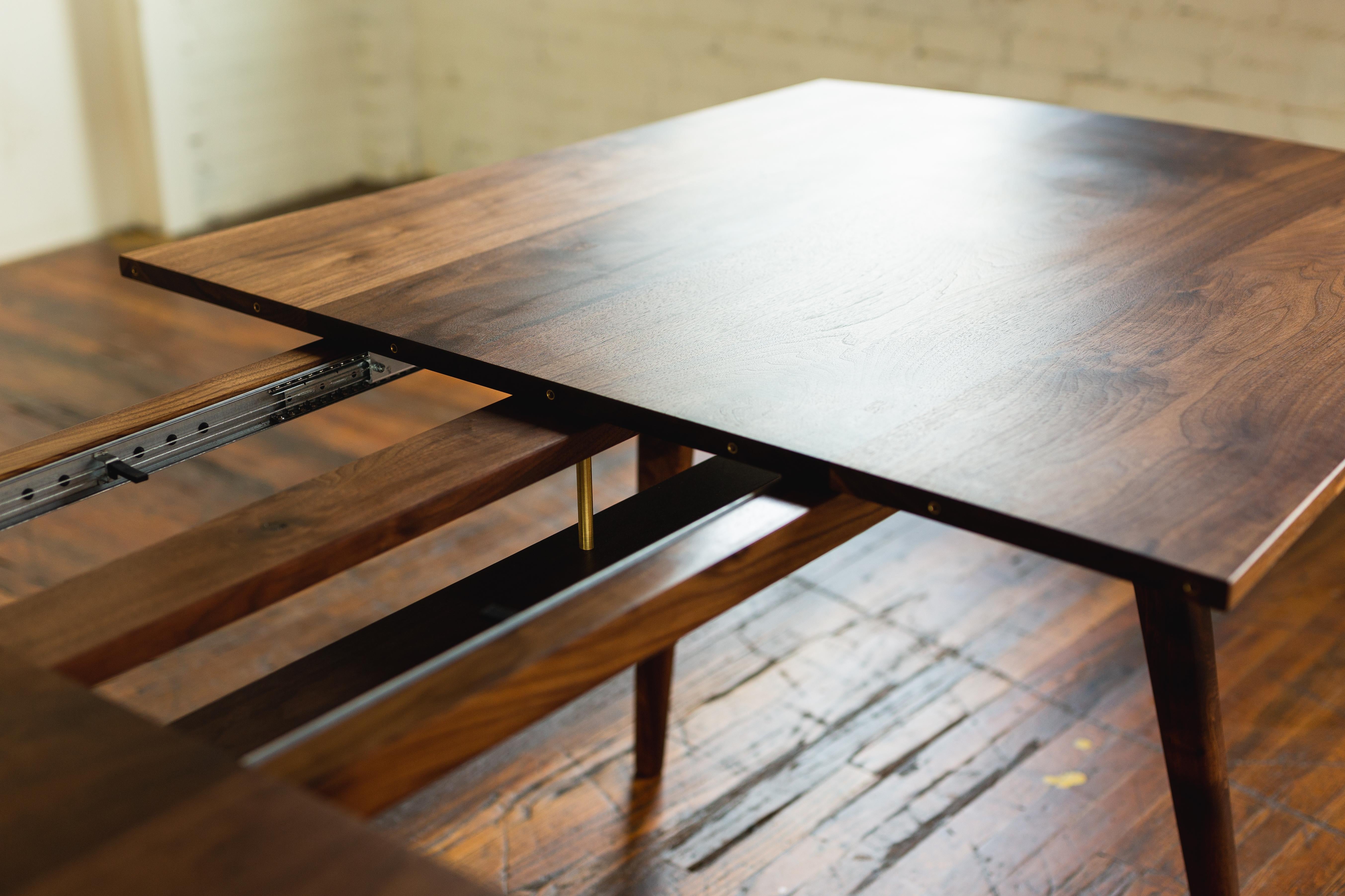 Hand-Crafted Flint Modern Extension Table in Walnut with Brass Joinery Details For Sale
