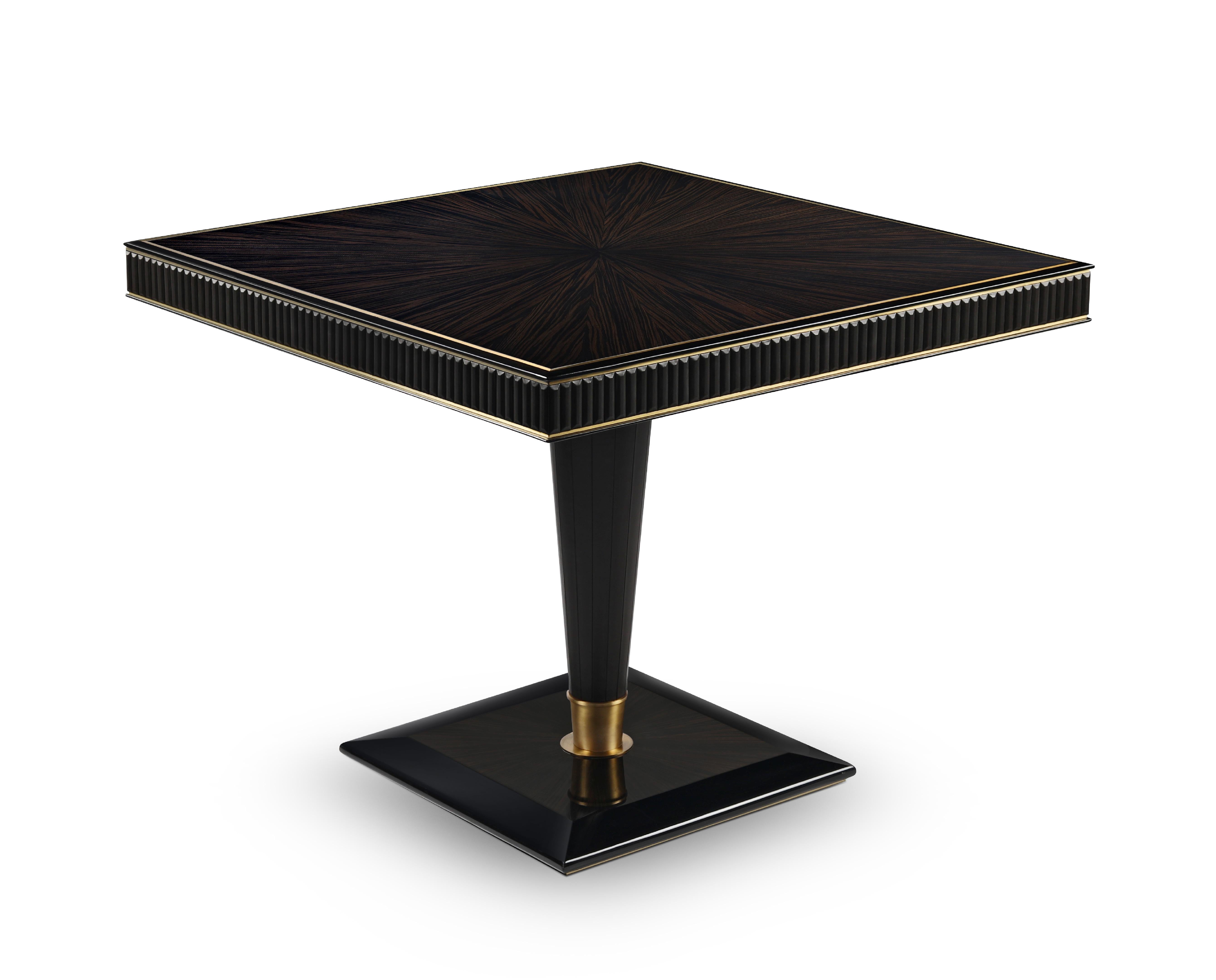 Flint table with leather and brass by Madheke
Dimensions: W 85 x D 85 x H 68.5 cm
Materials: Leather, metal, wood

The veneer marquetry tabletop finish of FLINT is skilfully edged with a lacquered and glossy finish. The polished metal square