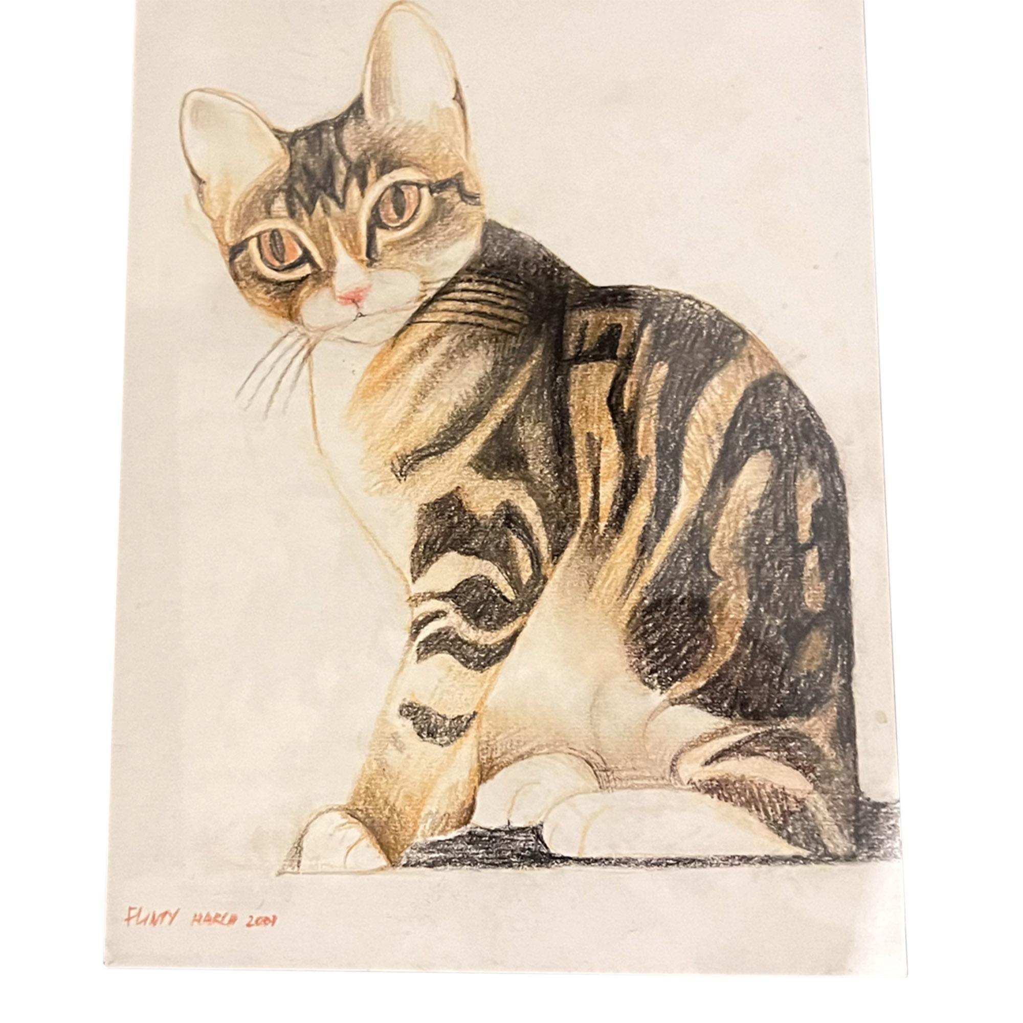 This beautiful little portrait of Flinty the cat was drawn with pastel and signed by Alfred Daniels in March 2007.

We have had this bespoke framed behind glass, with simple ebonised wood and black mount. The size of the picture itself is 28cm by
