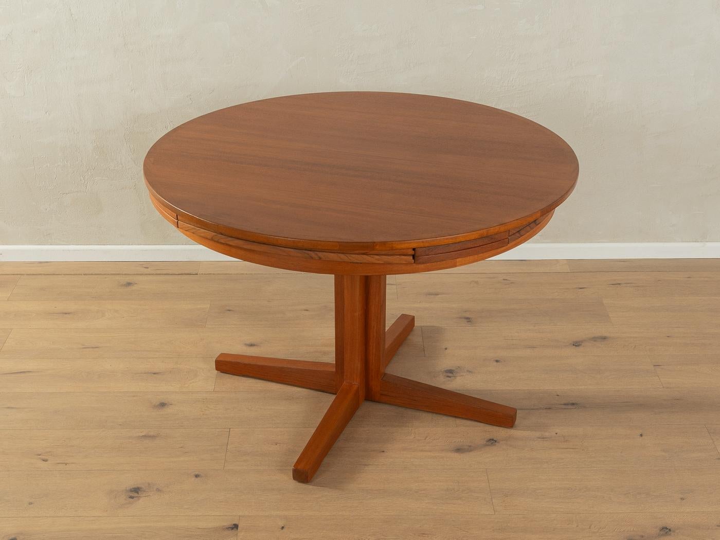 Classic extendable Flip Flap Lotus dining table from the 1960s by Dyrlund. Solid teak frame and tabletop with solid wood edges and four extension leaves.

Quality Features:

    accomplished design: perfect proportions and visible attention to