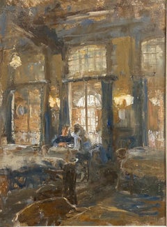 Conversation- 21st Century Contemporary interior painting of a Grand Café