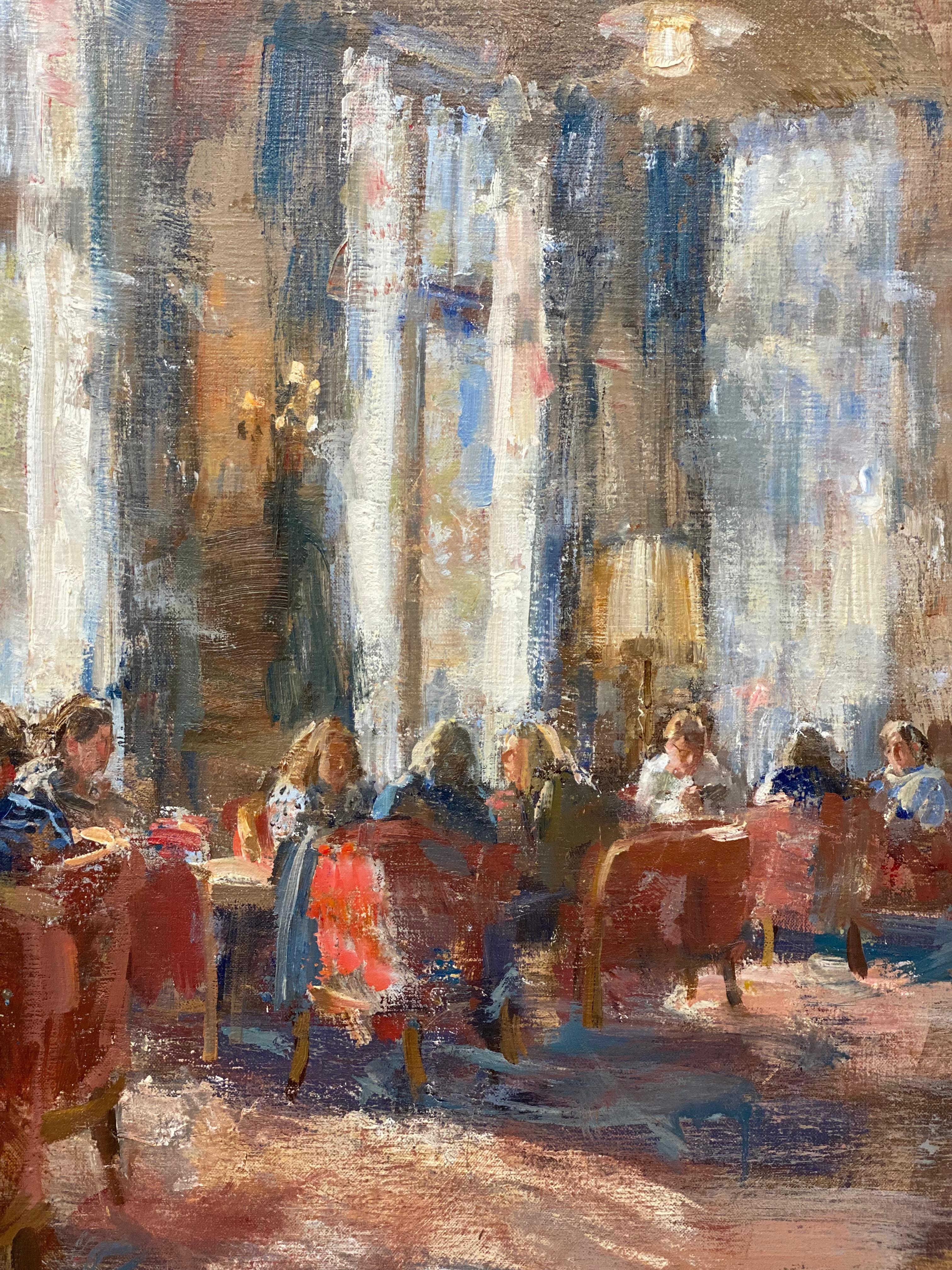 In the Lounge- Pittura d'interni impressionista contemporanea del 21° secolo - Interior Painting Marrone di Flip Gaasendam