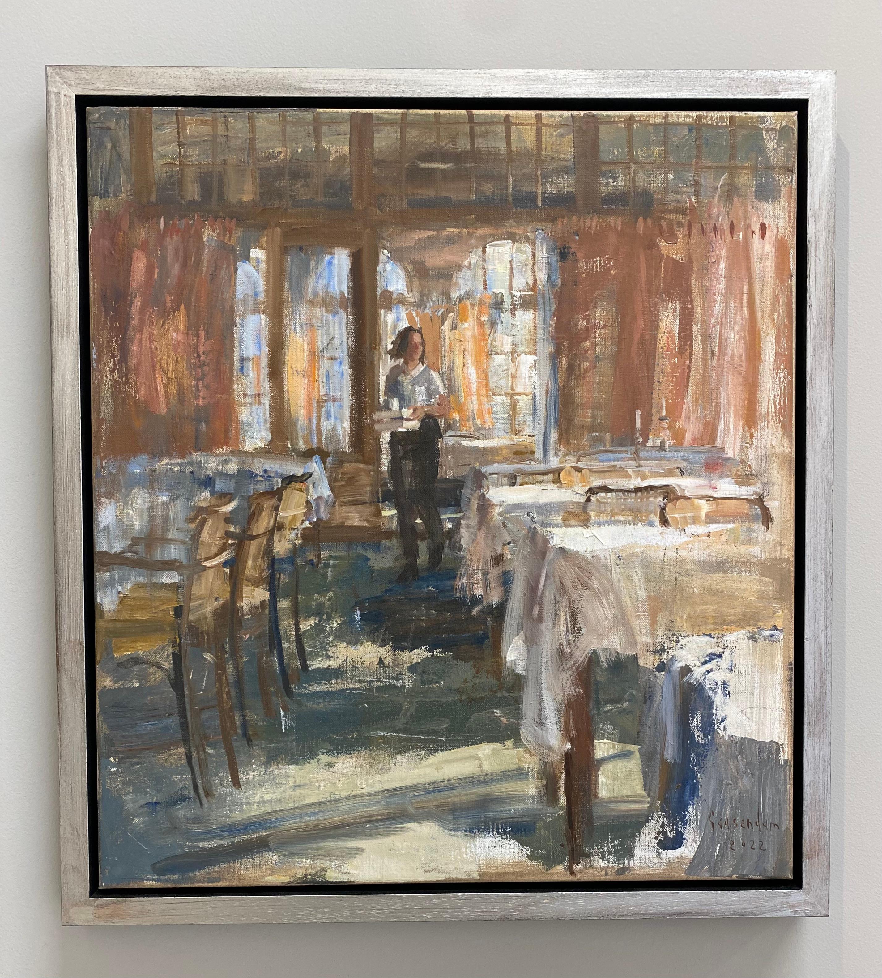 Le service, peinture contemporaine du 21e siècle d'un  serveur dans un restaurant - Painting de Flip Gaasendam