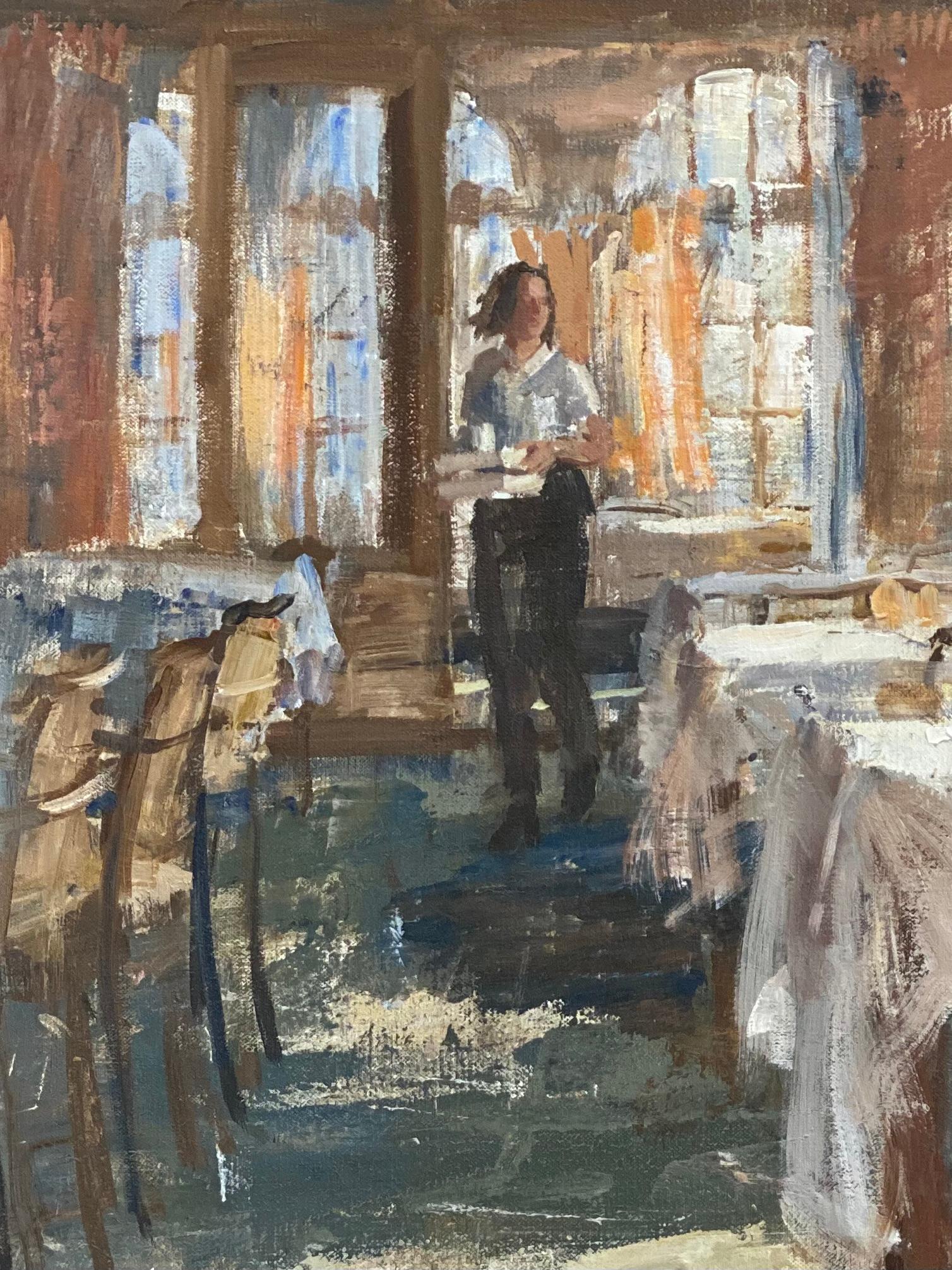 Le service, peinture contemporaine du 21e siècle d'un  serveur dans un restaurant - Contemporain Painting par Flip Gaasendam