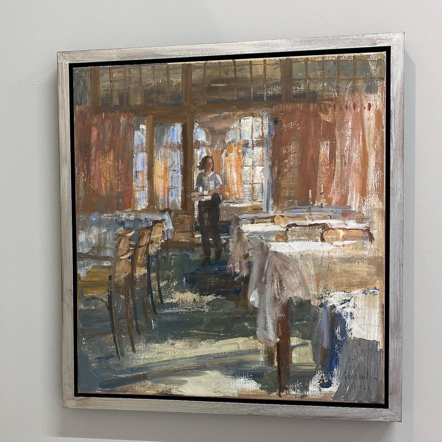 Le service, peinture contemporaine du 21e siècle d'un  serveur dans un restaurant - Marron Figurative Painting par Flip Gaasendam