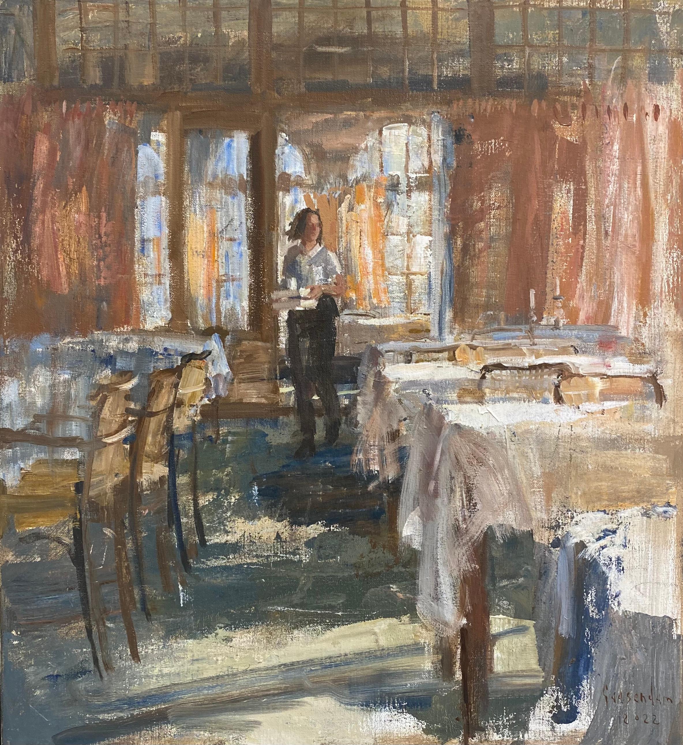 Figurative Painting Flip Gaasendam - Le service, peinture contemporaine du 21e siècle d'un  serveur dans un restaurant