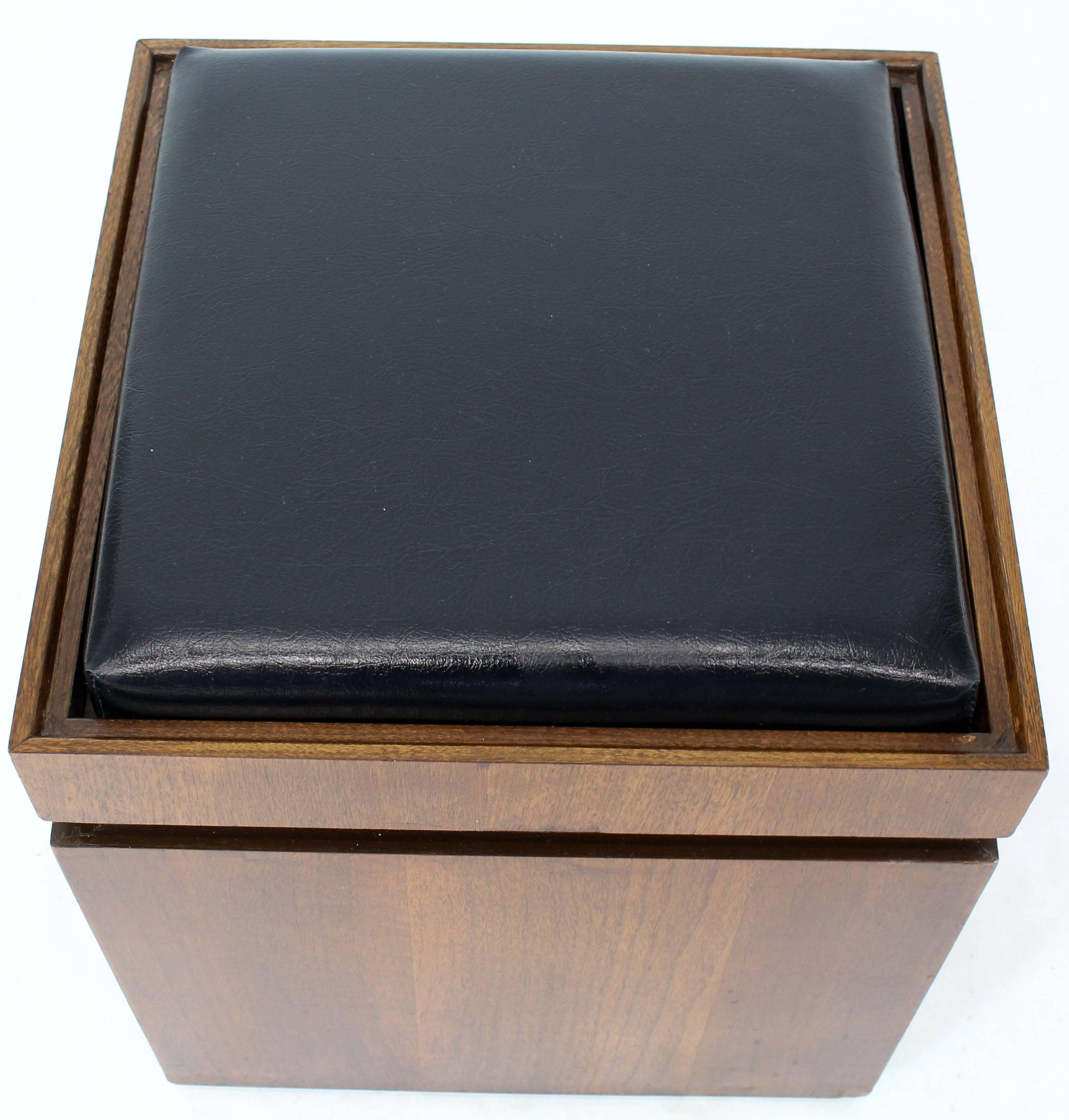 Mid-Century Modern walnut bench checker board cube shape storage.