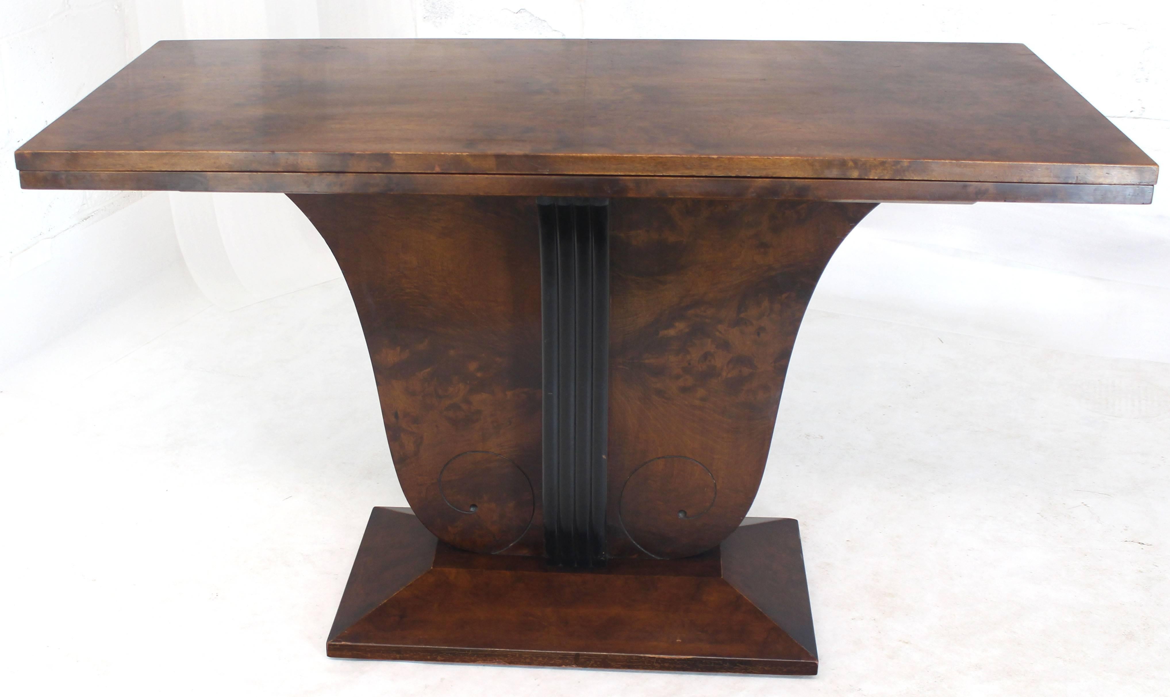 Walnut Flip-Top Burl Wood Dining Large Console Table Deco Figural Base For Sale