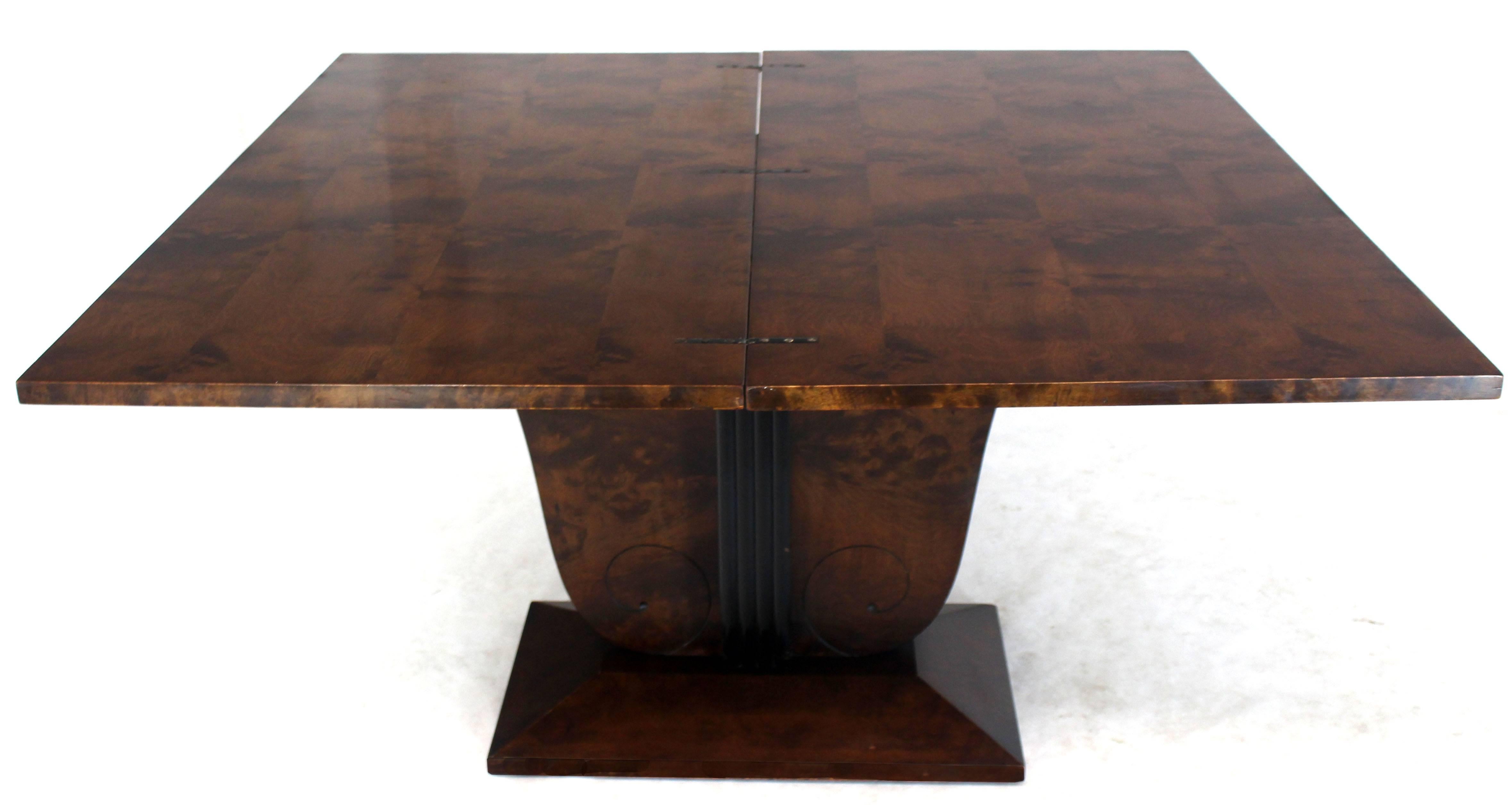 Mid-Century Modern deco base flip-top expandable console dining table. Beautiful honey amber tone finish.