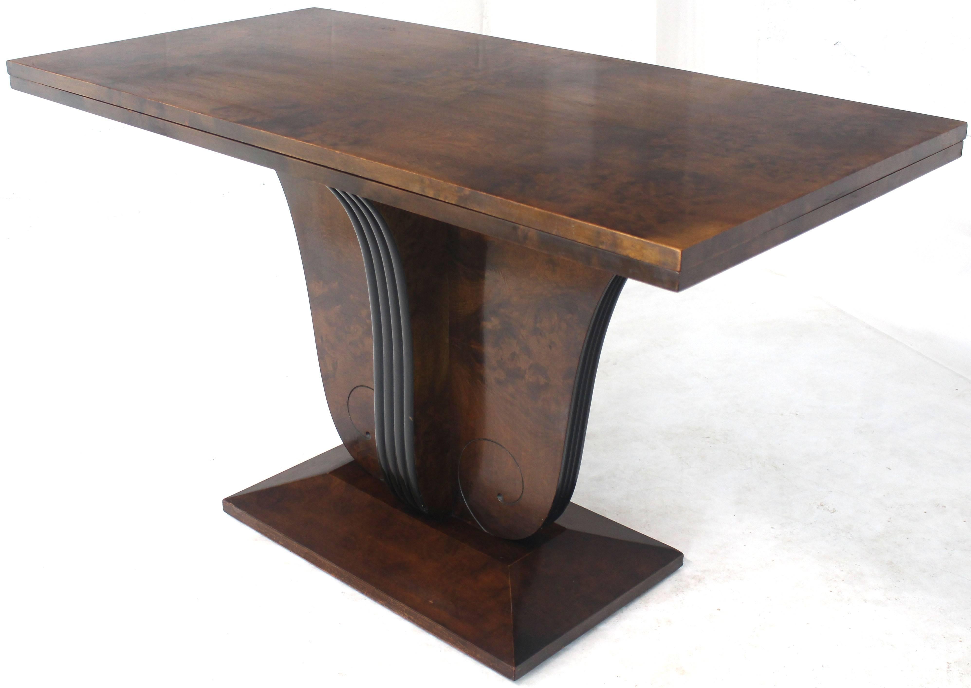 Mid-Century Modern Flip-Top Burl Wood Dining Large Console Table Deco Figural Base For Sale
