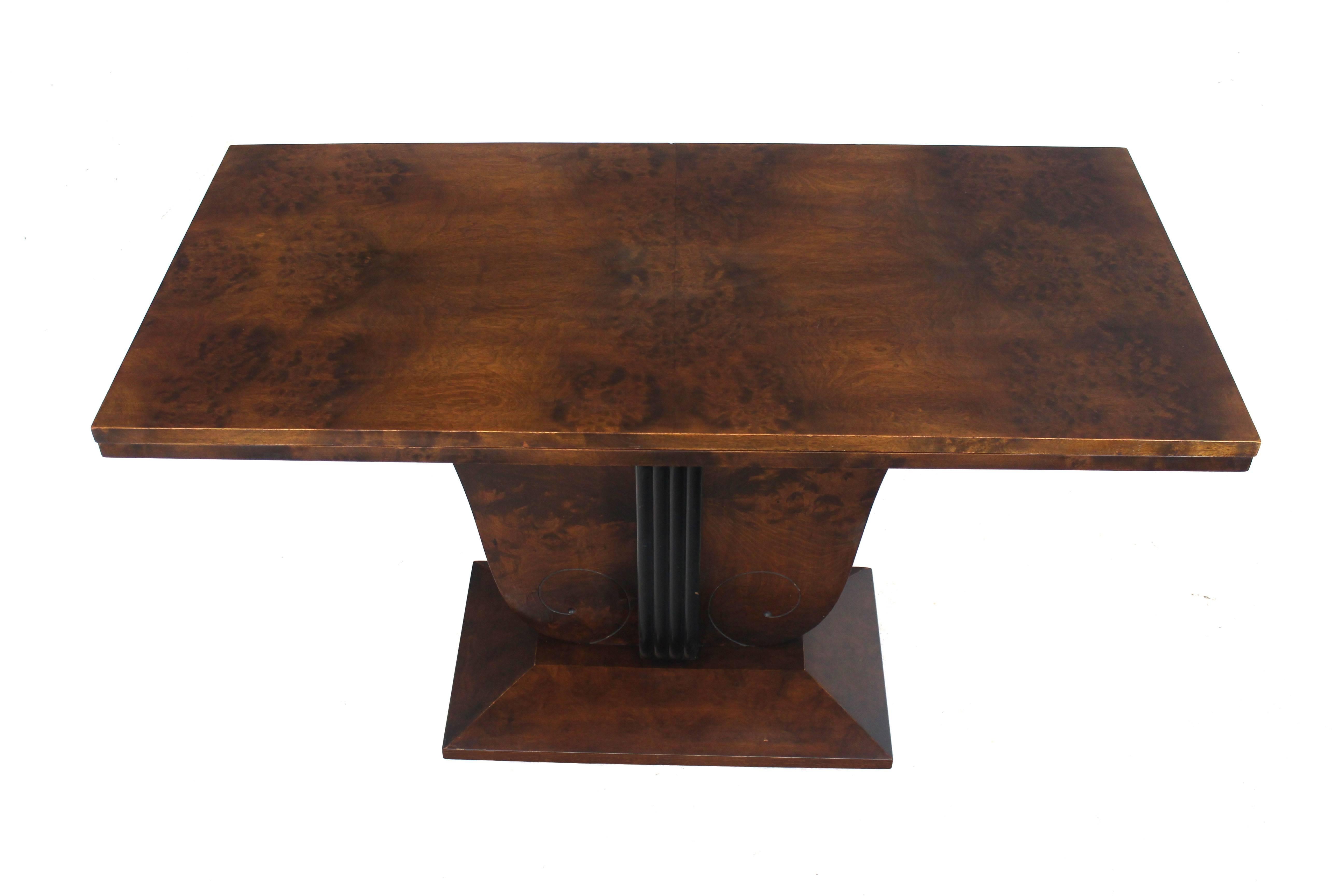 American Flip-Top Burl Wood Dining Large Console Table Deco Figural Base For Sale