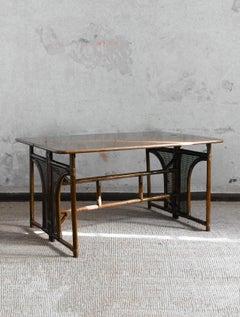 Consola abatible de bambú y paja de Viena con estante de madera, años 70