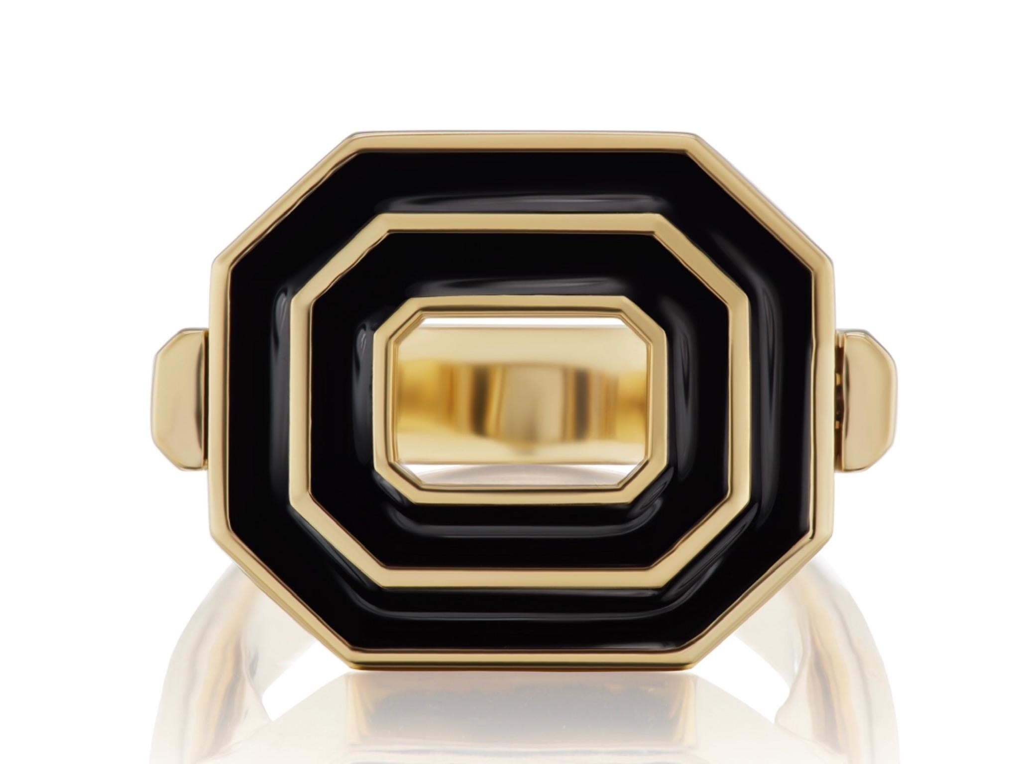 Our Museum Series Flip Ring in 18K yellow gold and Black Enamel. An East/West set Octagon with clean gold framing, with a line of black enamel and .66 carats of GH VSI diamonds on one side. On the other are two lines of black enamel. A hinge on each