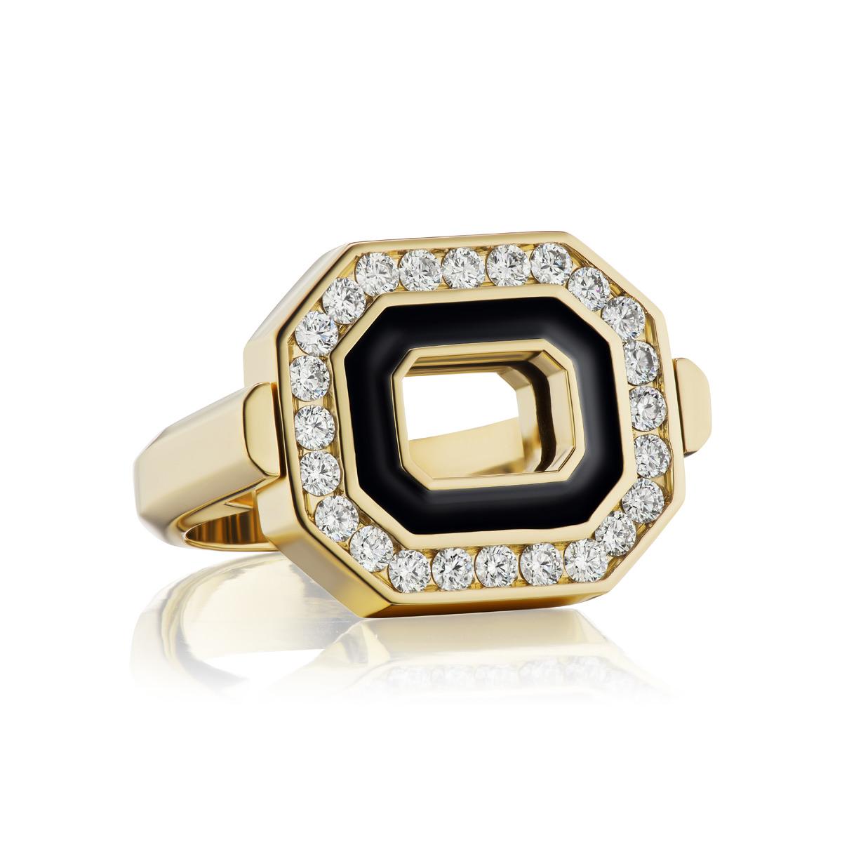 Modern Flip Top Diamond and Black Enamel Gold Ring For Sale