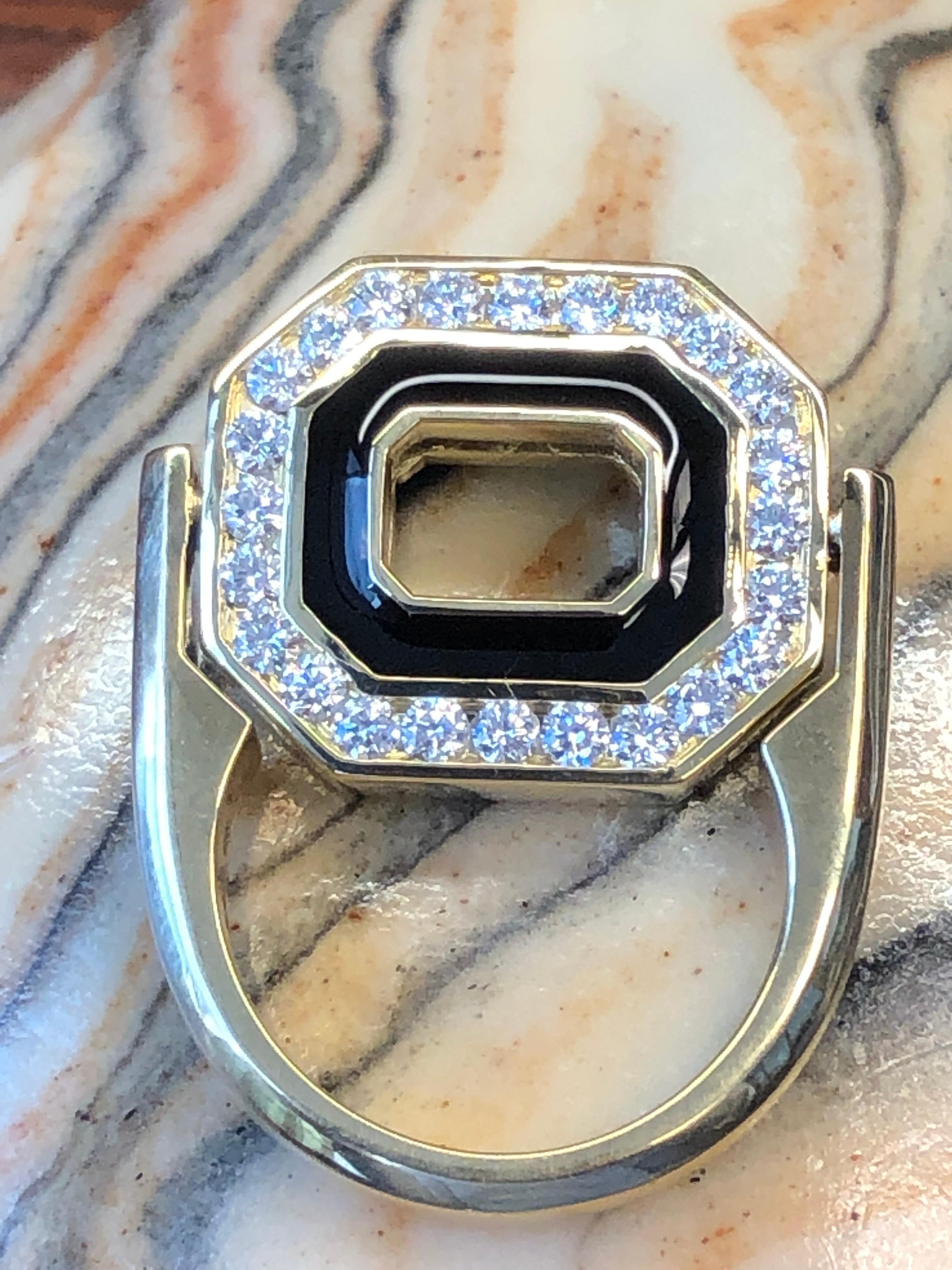 Women's or Men's Flip Top Diamond and Black Enamel Gold Ring For Sale